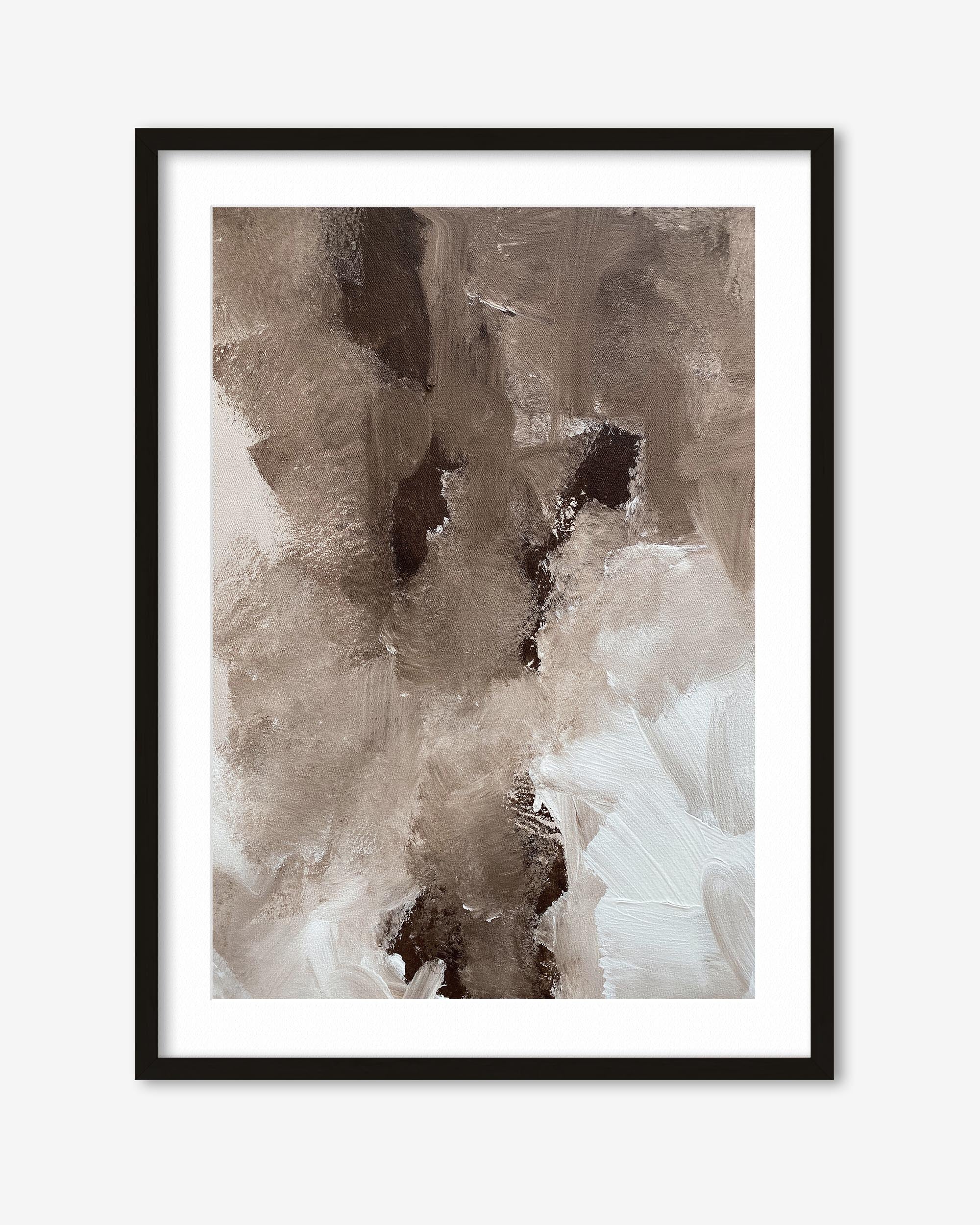 Framed abstract art print with brown and beige tones on a white background