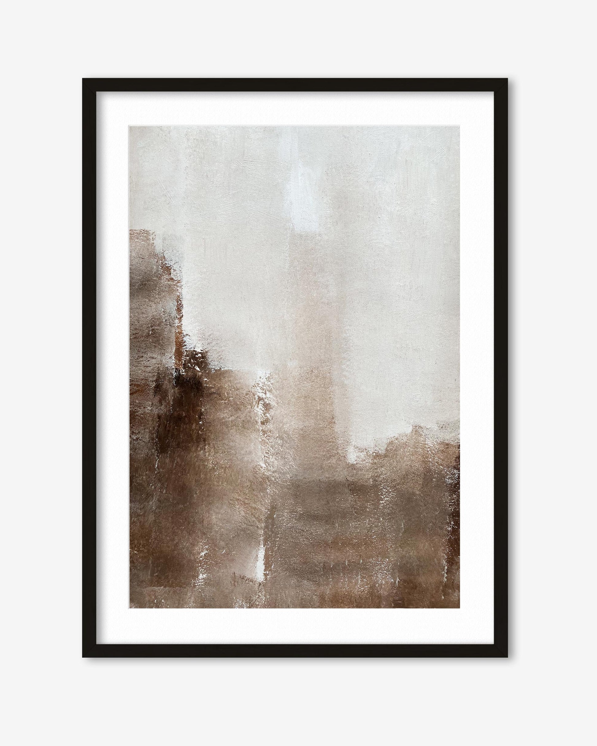 Framed abstract art print with brown and beige tones on a white background