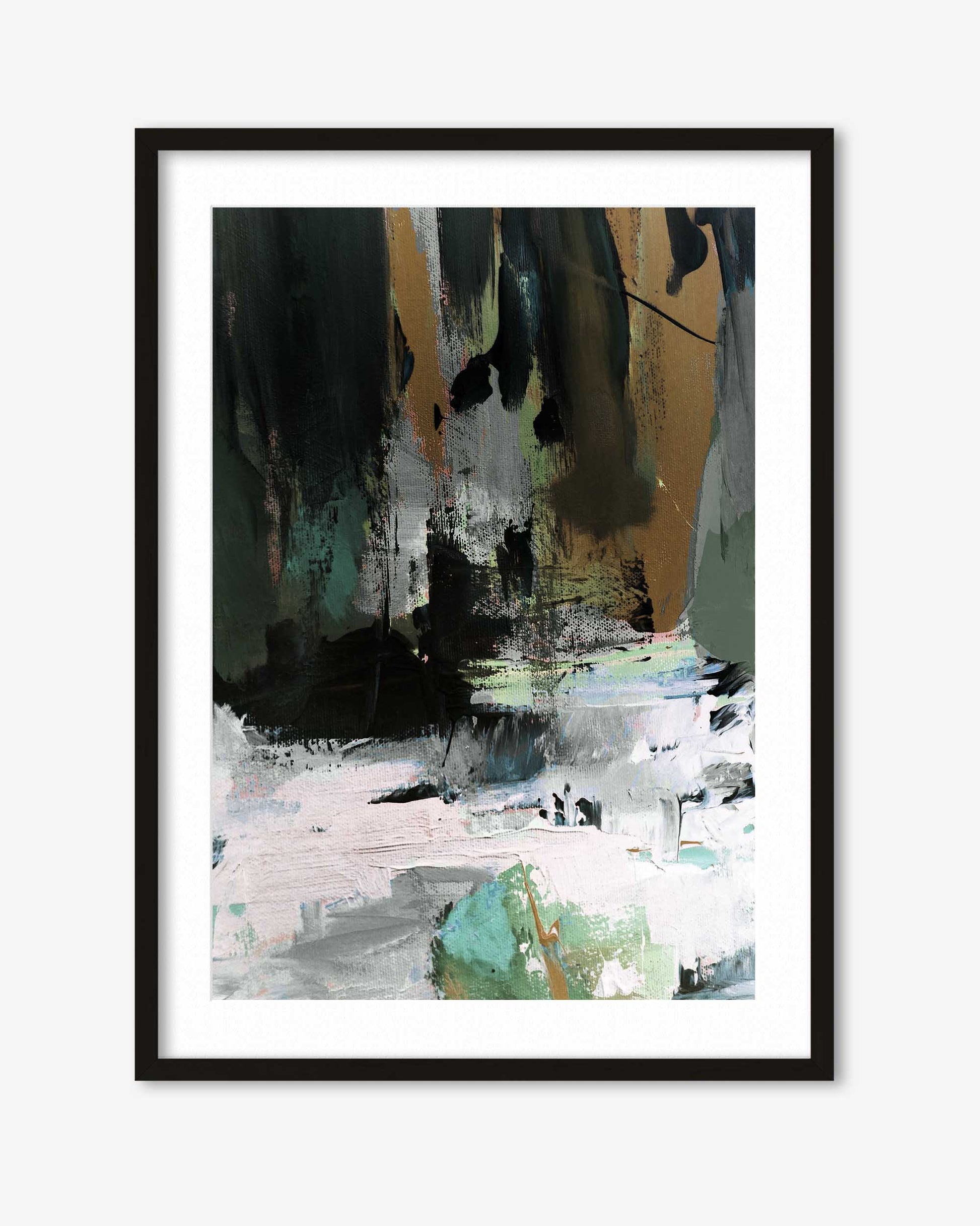 Abstract art print in a black frame on a white background