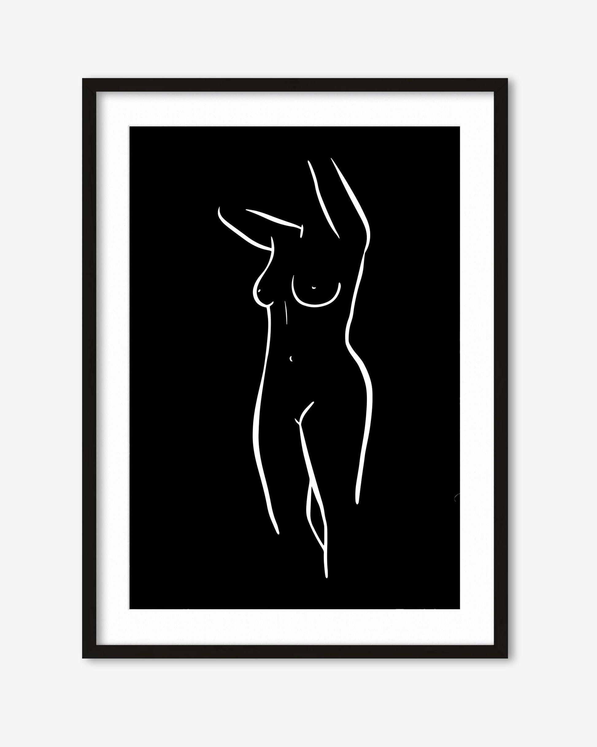 Framed black and white line art of a nude figure on a white background