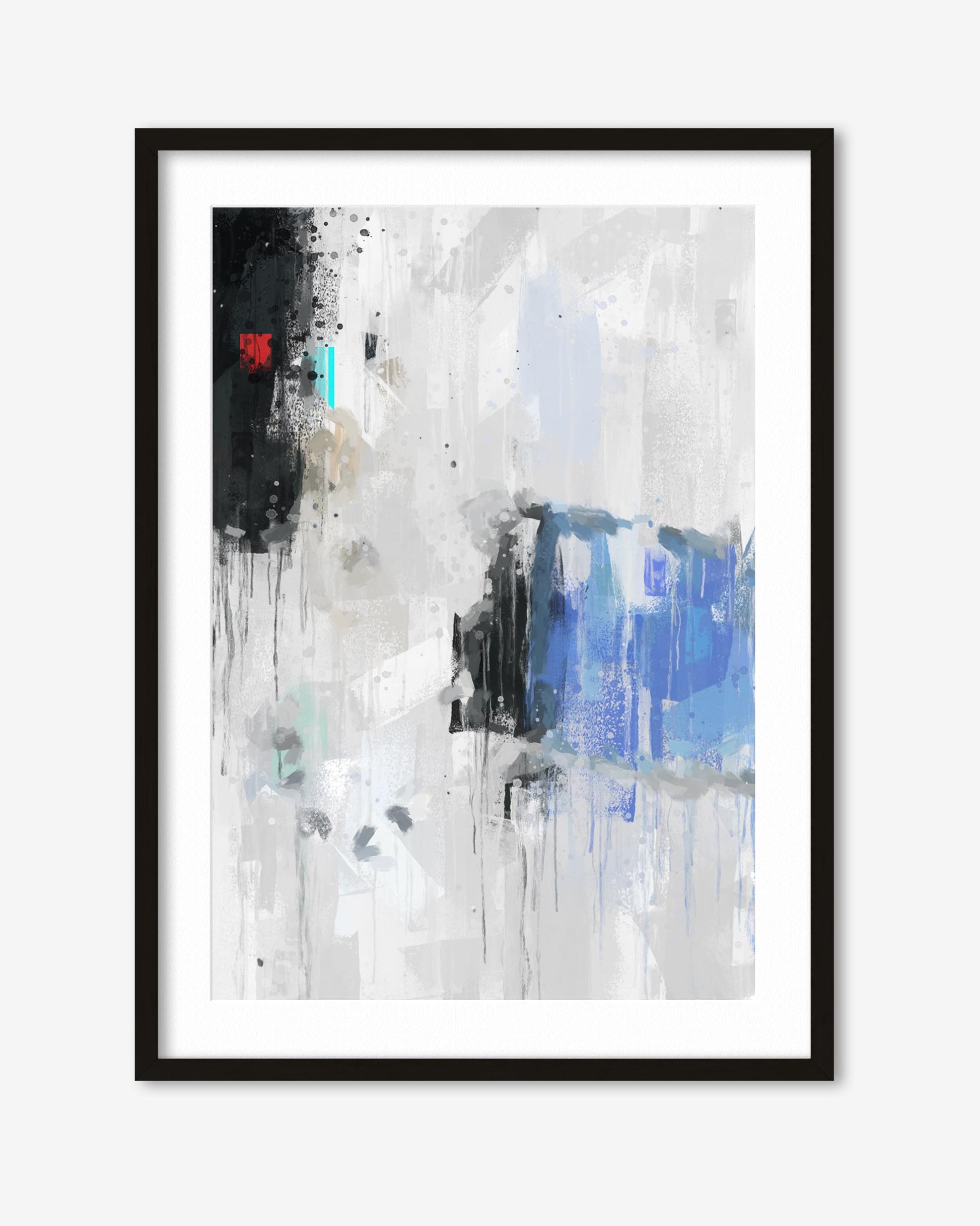 Framed abstract art print with black, white, and blue colors on a white background