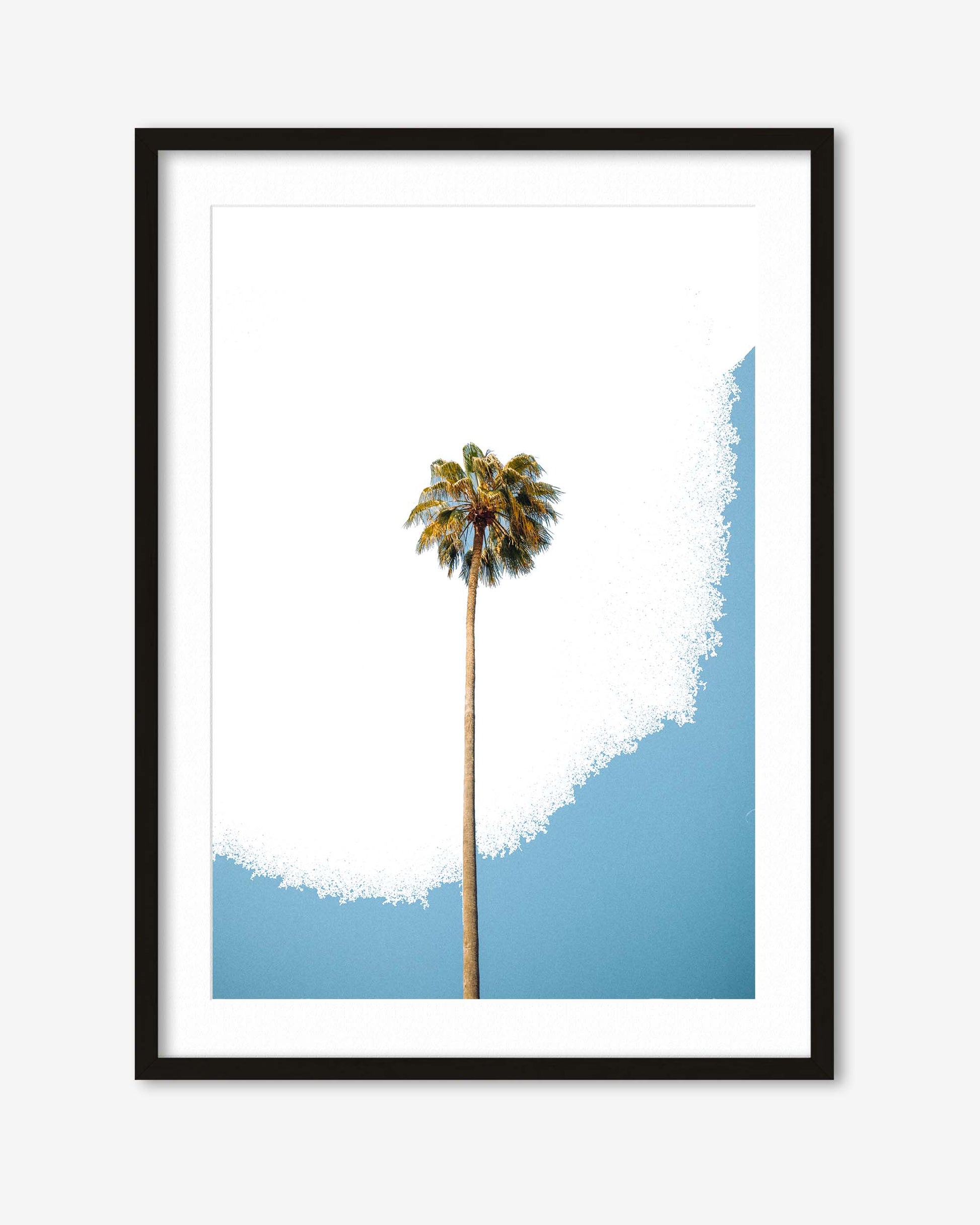 Framed artwork of a palm tree with a blue sky and white cloud background
