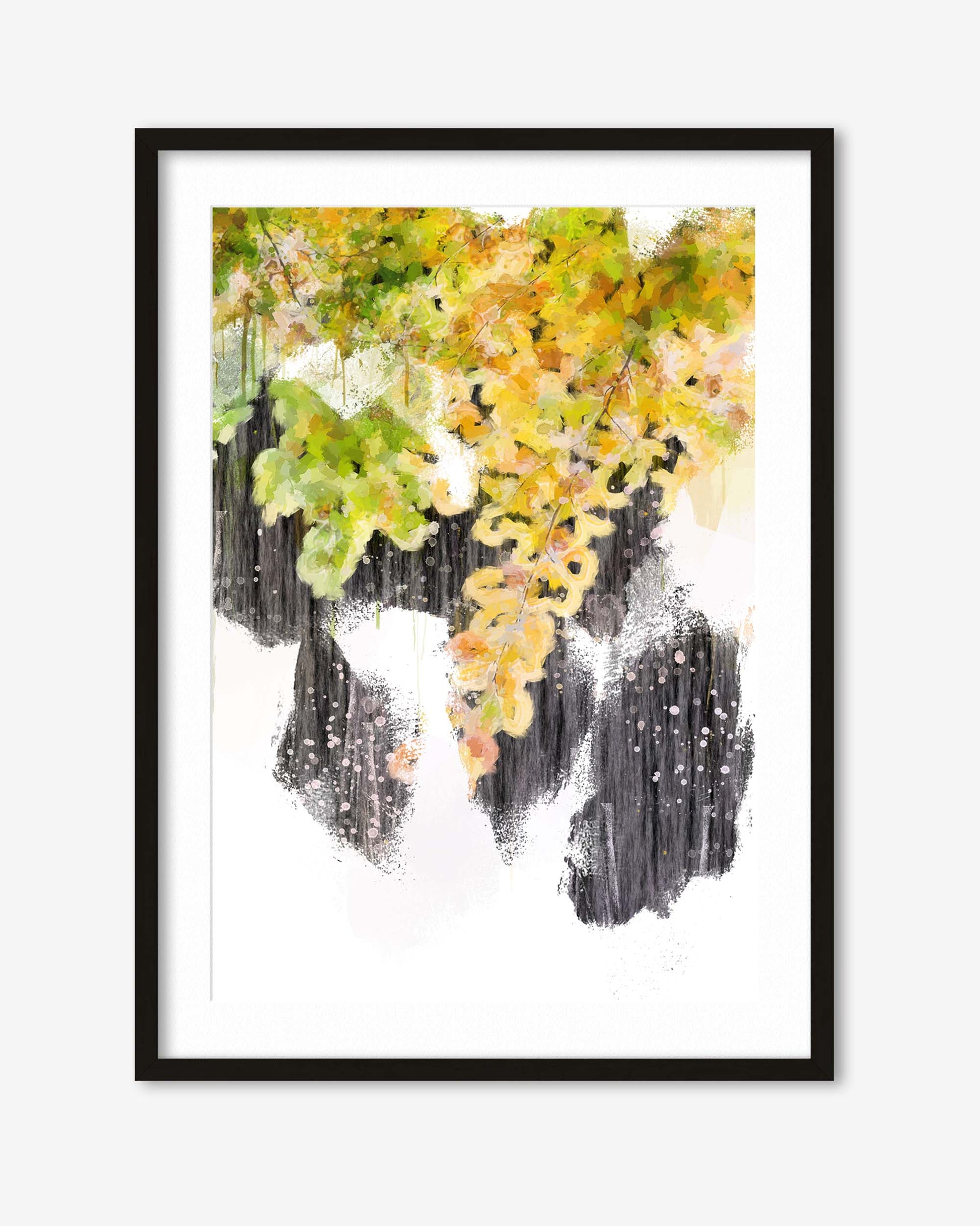 Framed artwork with autumn leaves and watercolor design on a white background
