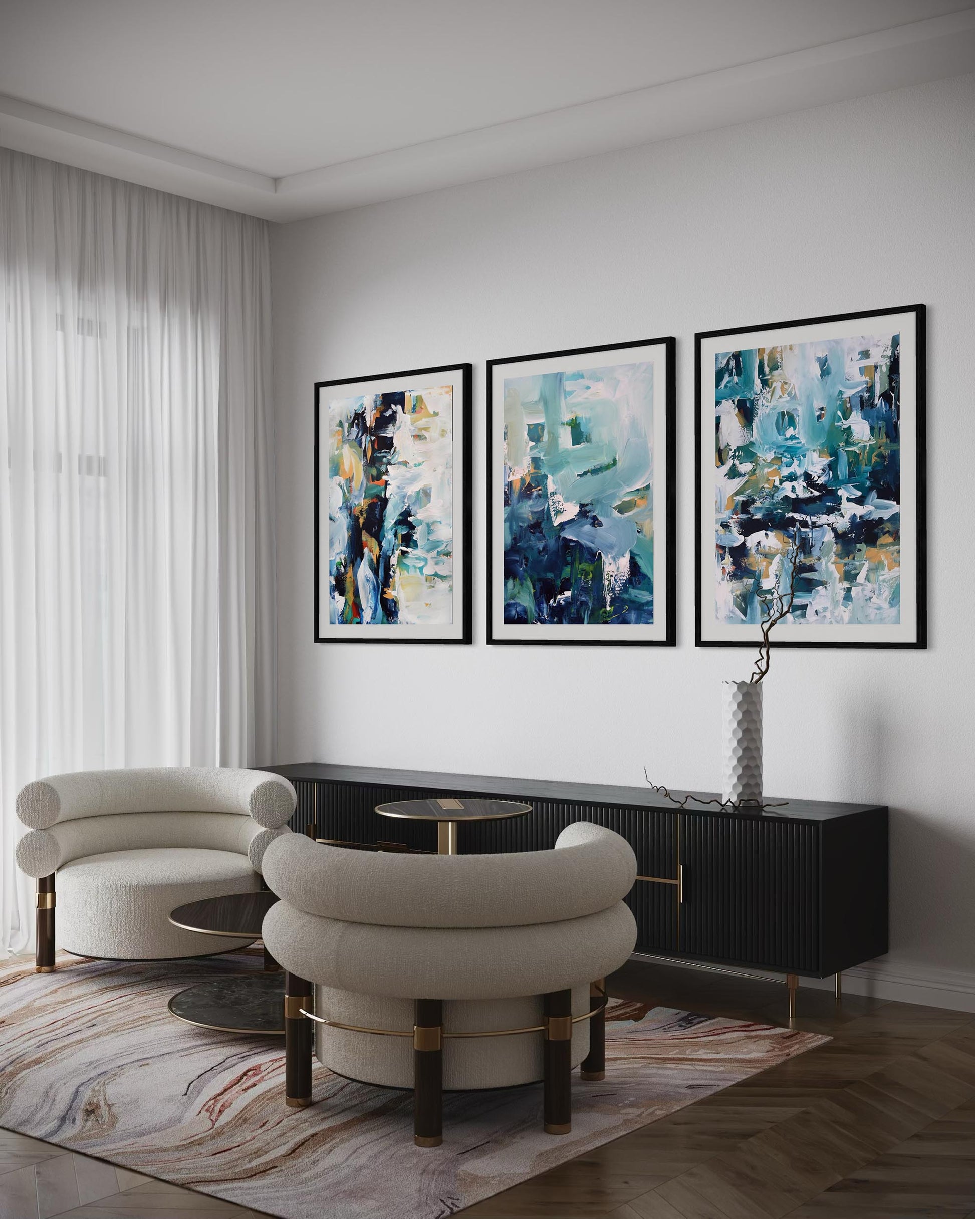 Modern living room with abstract art on the wall and stylish furniture.