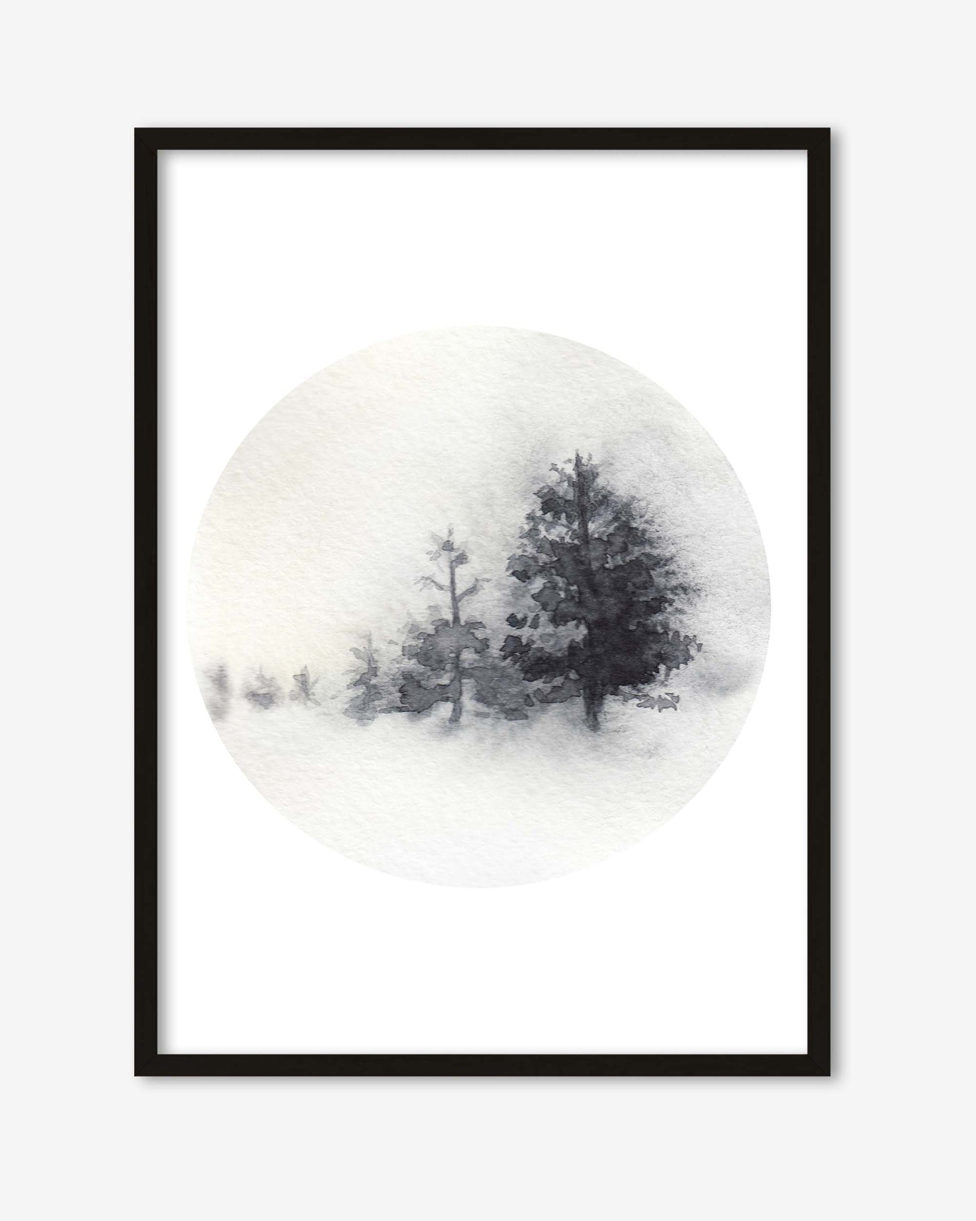 Framed artwork of trees against a snowy background