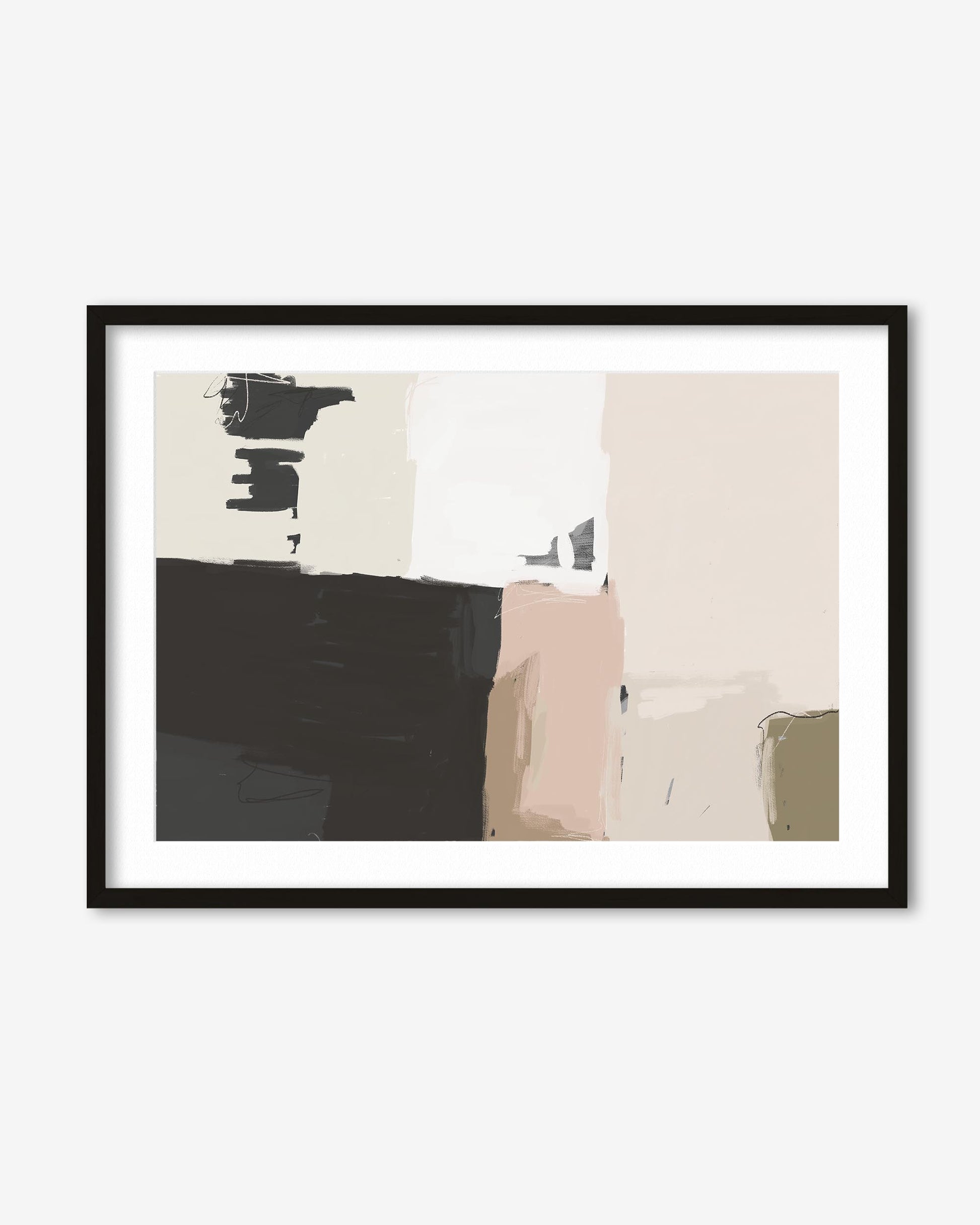 Framed abstract art print with black, white, and beige colors on a white wall.
