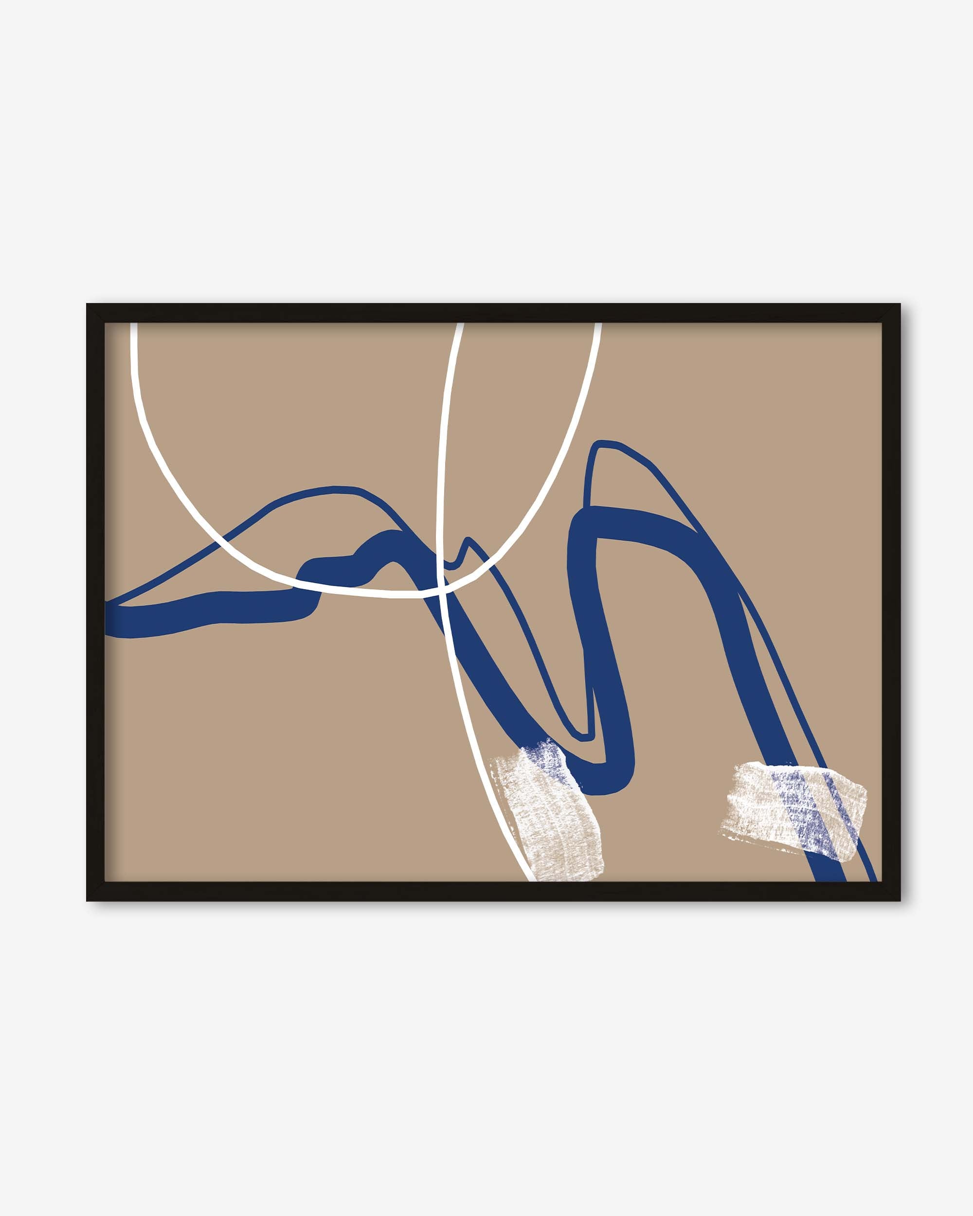 Abstract art print with blue and white lines on a beige background, framed in black.