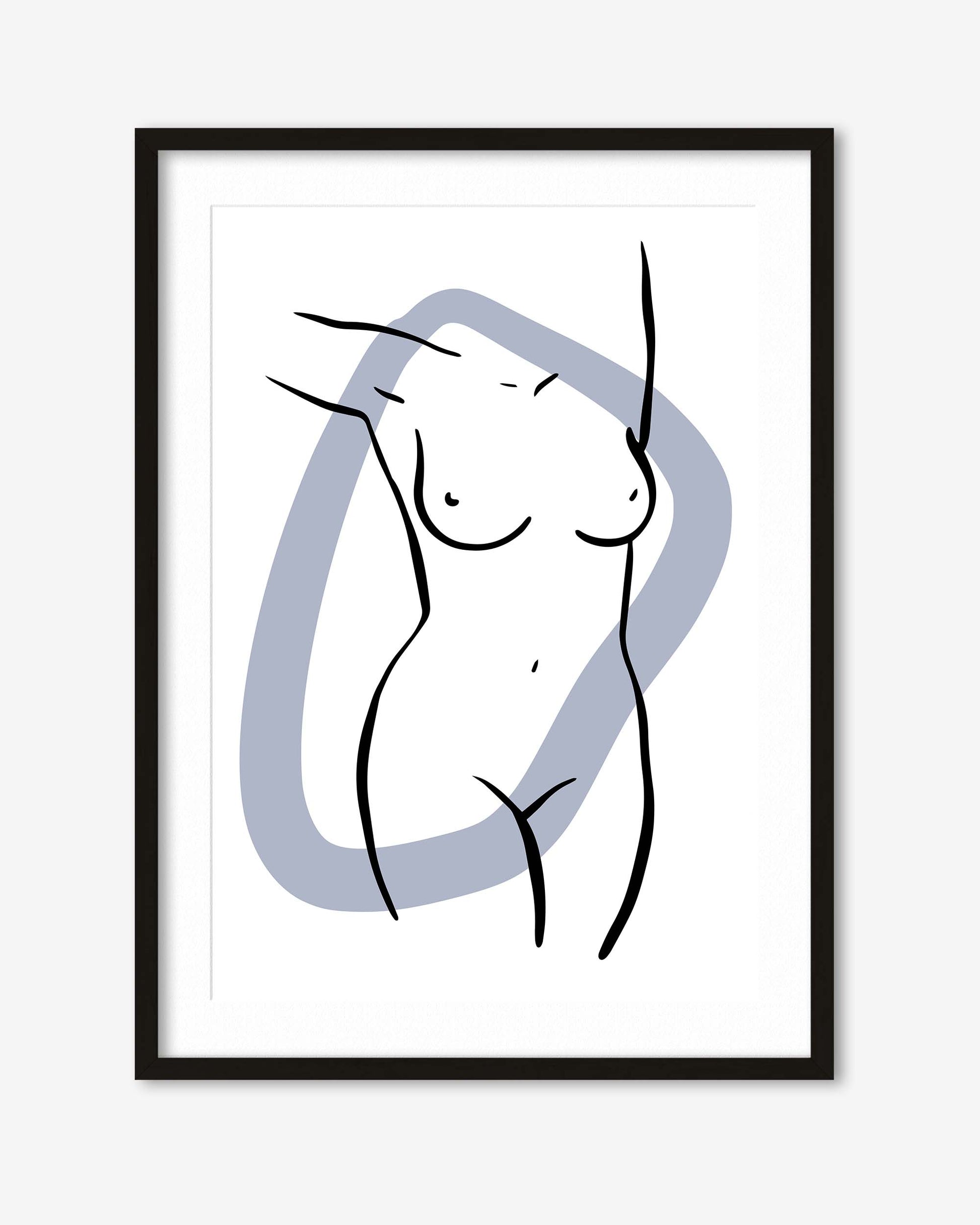 Framed abstract line art of a nude figure on a white background