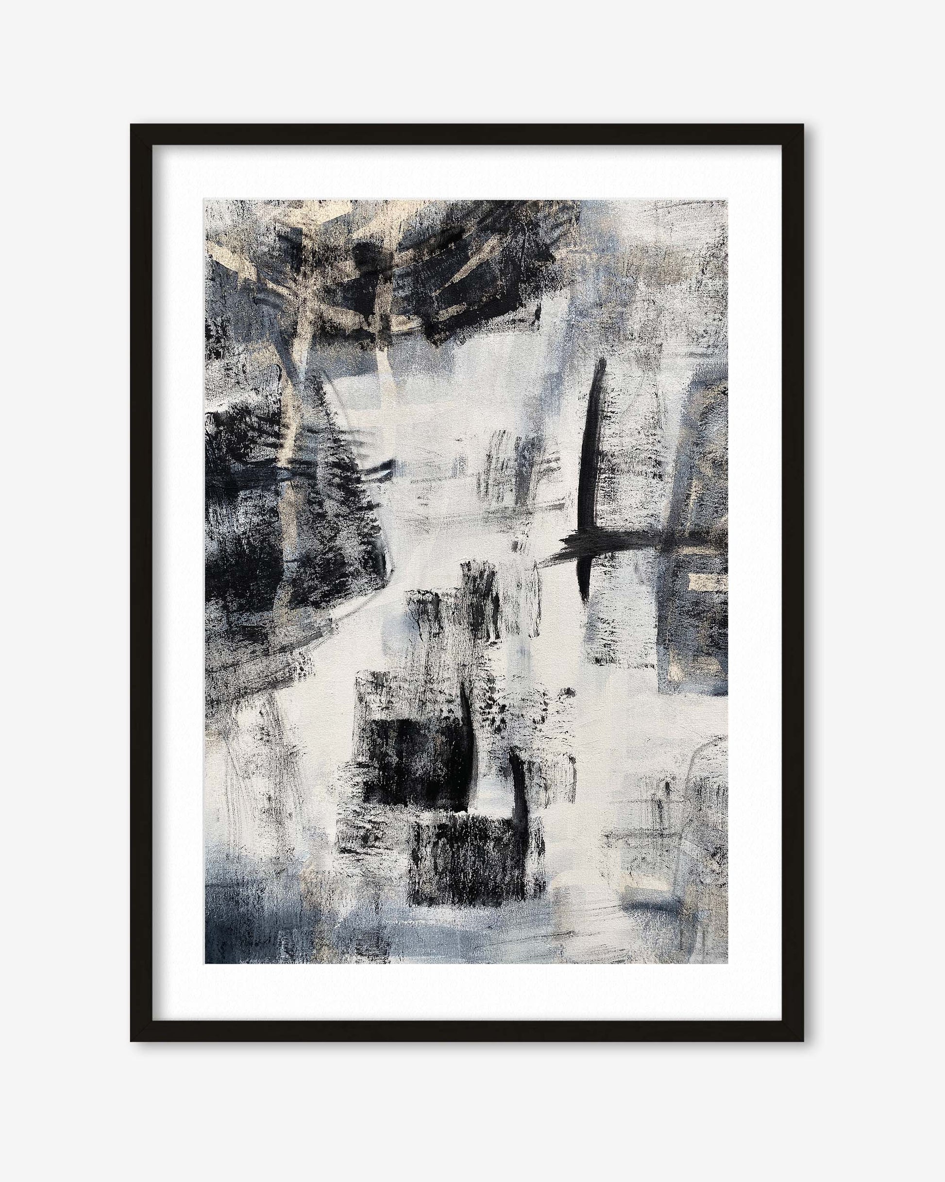 Framed abstract art print with black, white, and gray brush strokes on a white background