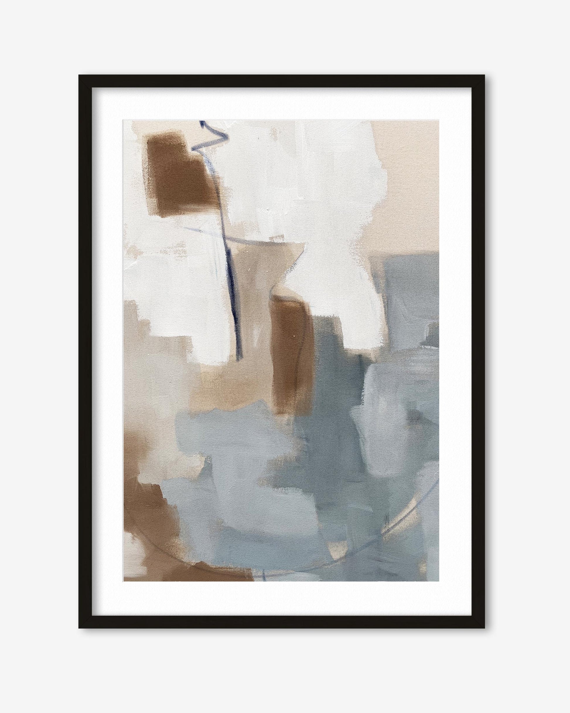 Framed abstract art print with brown, white, and blue colors on a white background