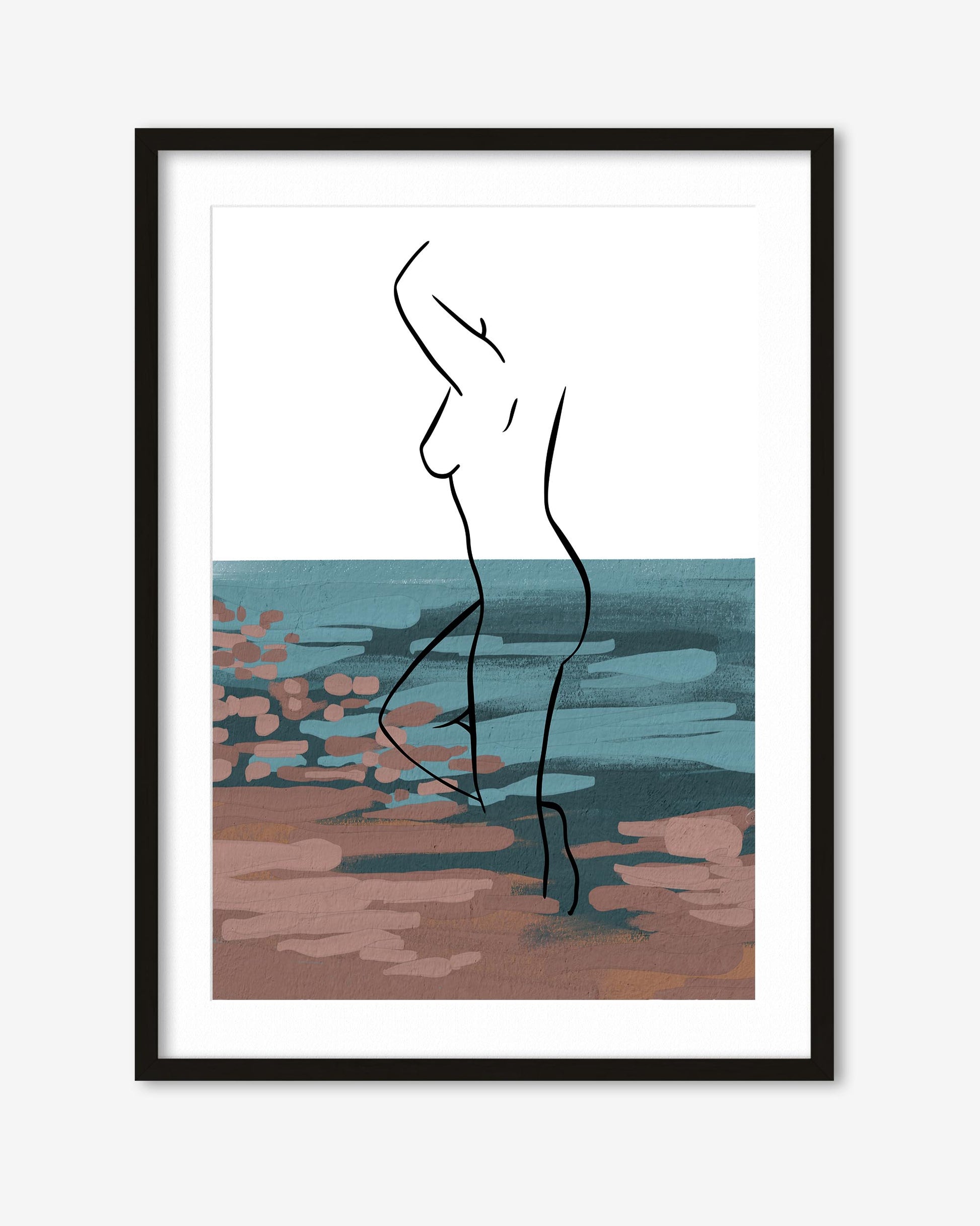 Framed artwork of a abstract line drawing of a woman standing on a beach with water and sand.