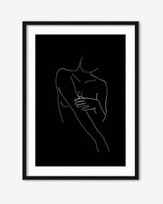 Framed line art of a person holding their head on a black background