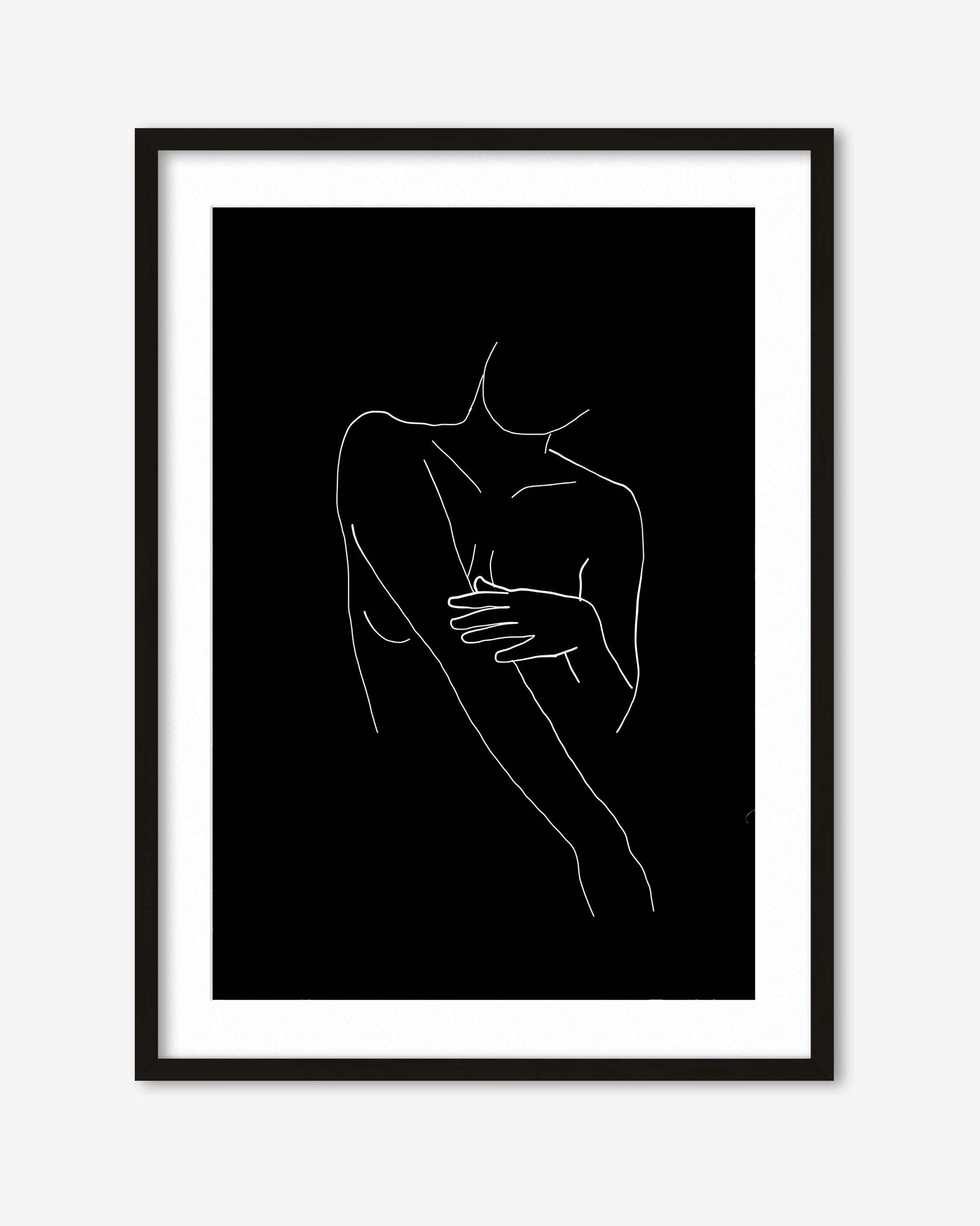 Framed line art of a person holding their head on a black background