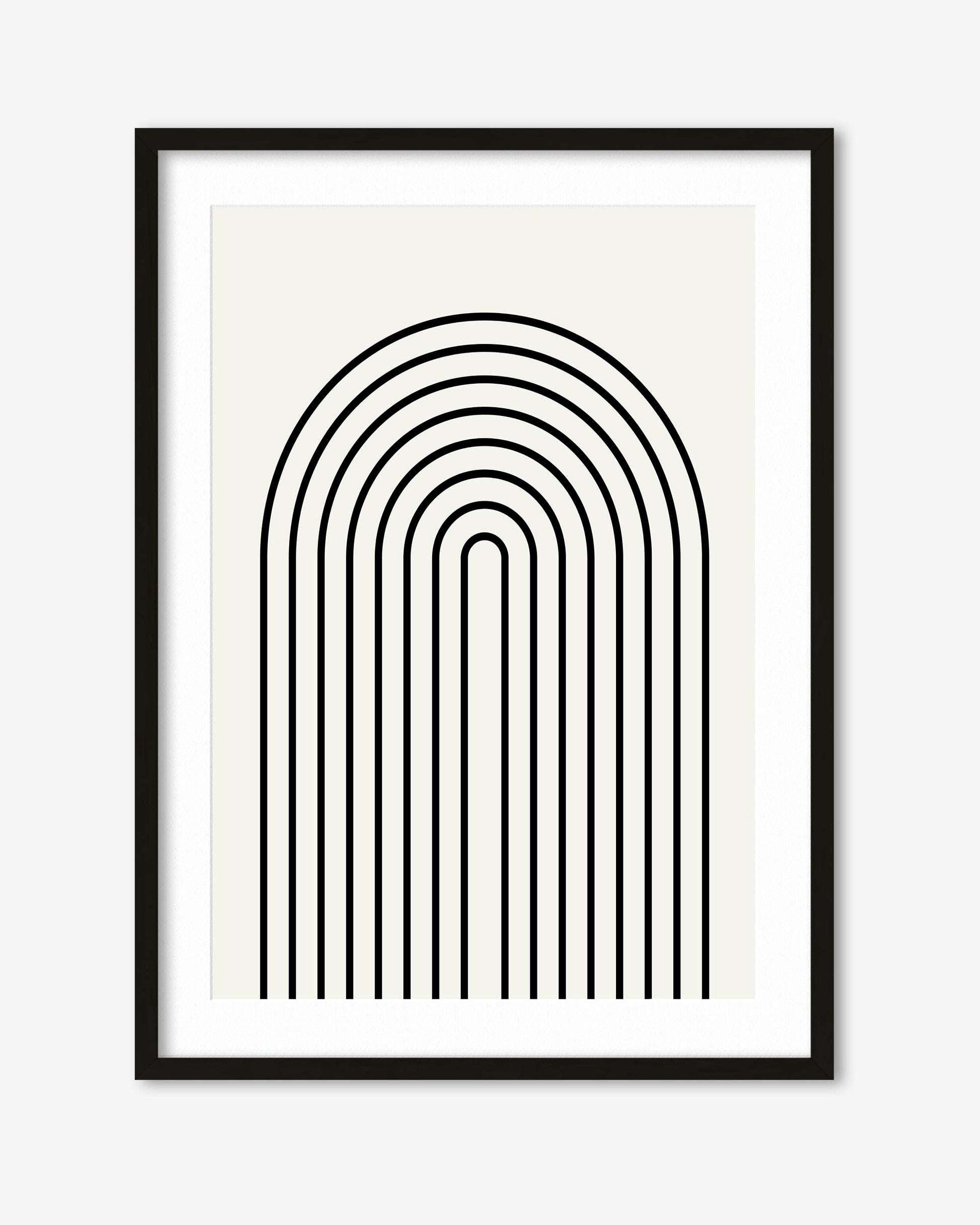 Framed artwork with a black arch-shaped line design on a white background