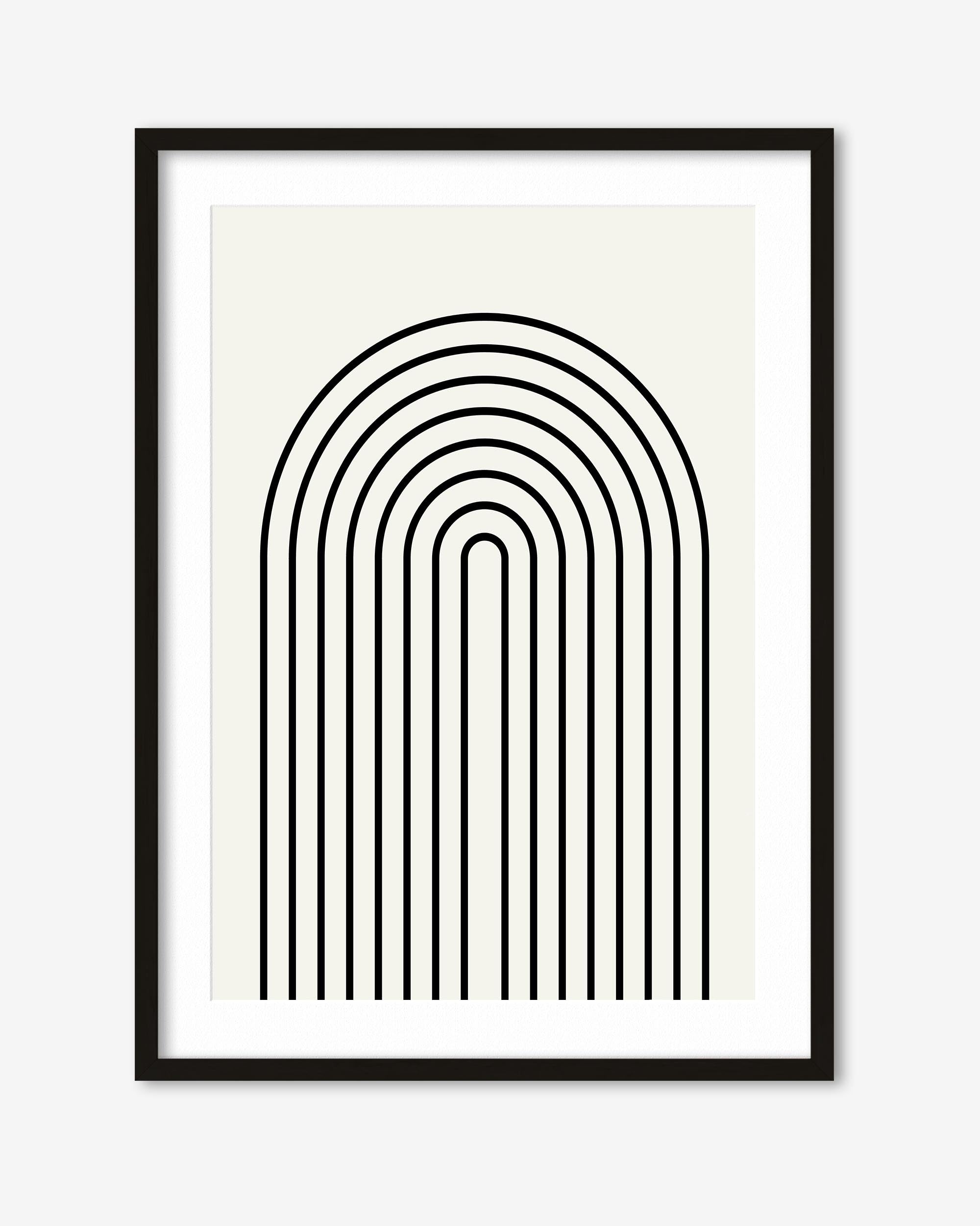 Framed artwork with a black arch-shaped line design on a white background