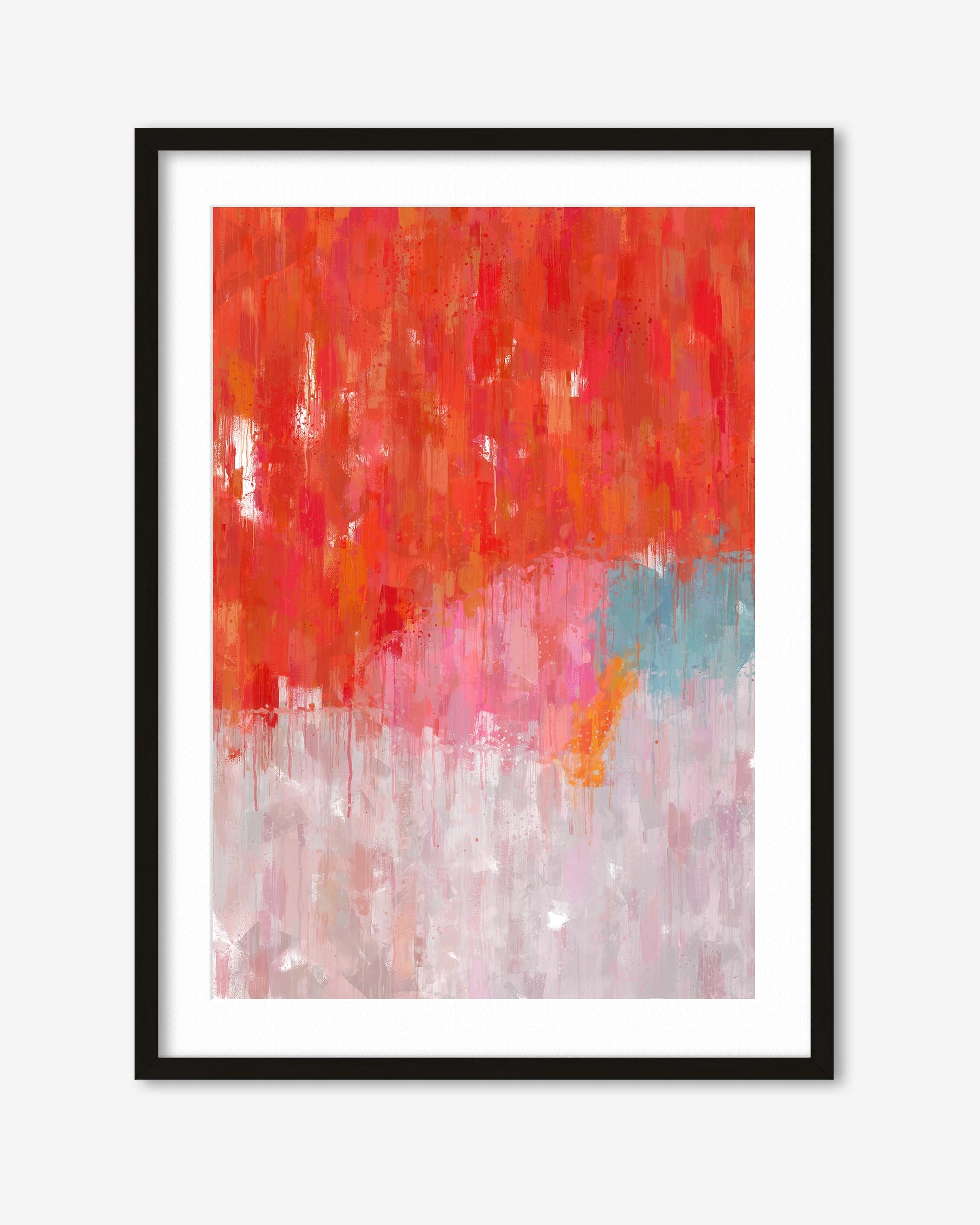 Framed abstract art print with red, pink, and blue colors on a white background