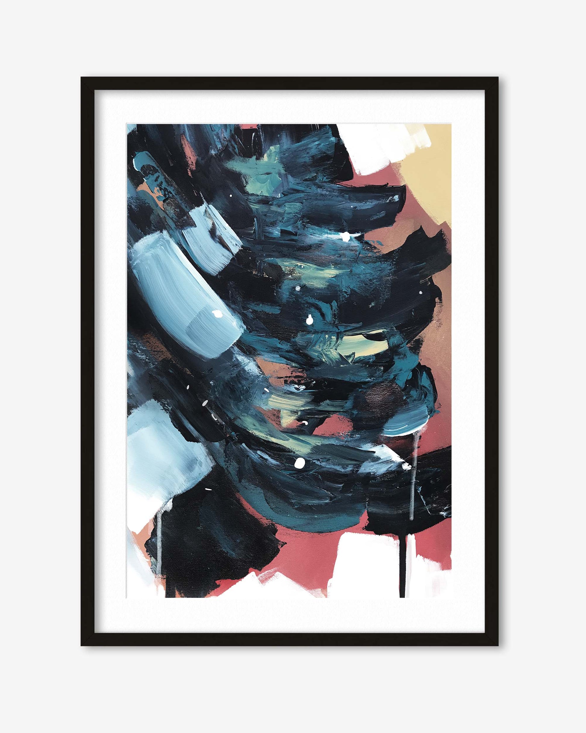 Framed abstract art print with black, blue, and pink brush strokes on a white background