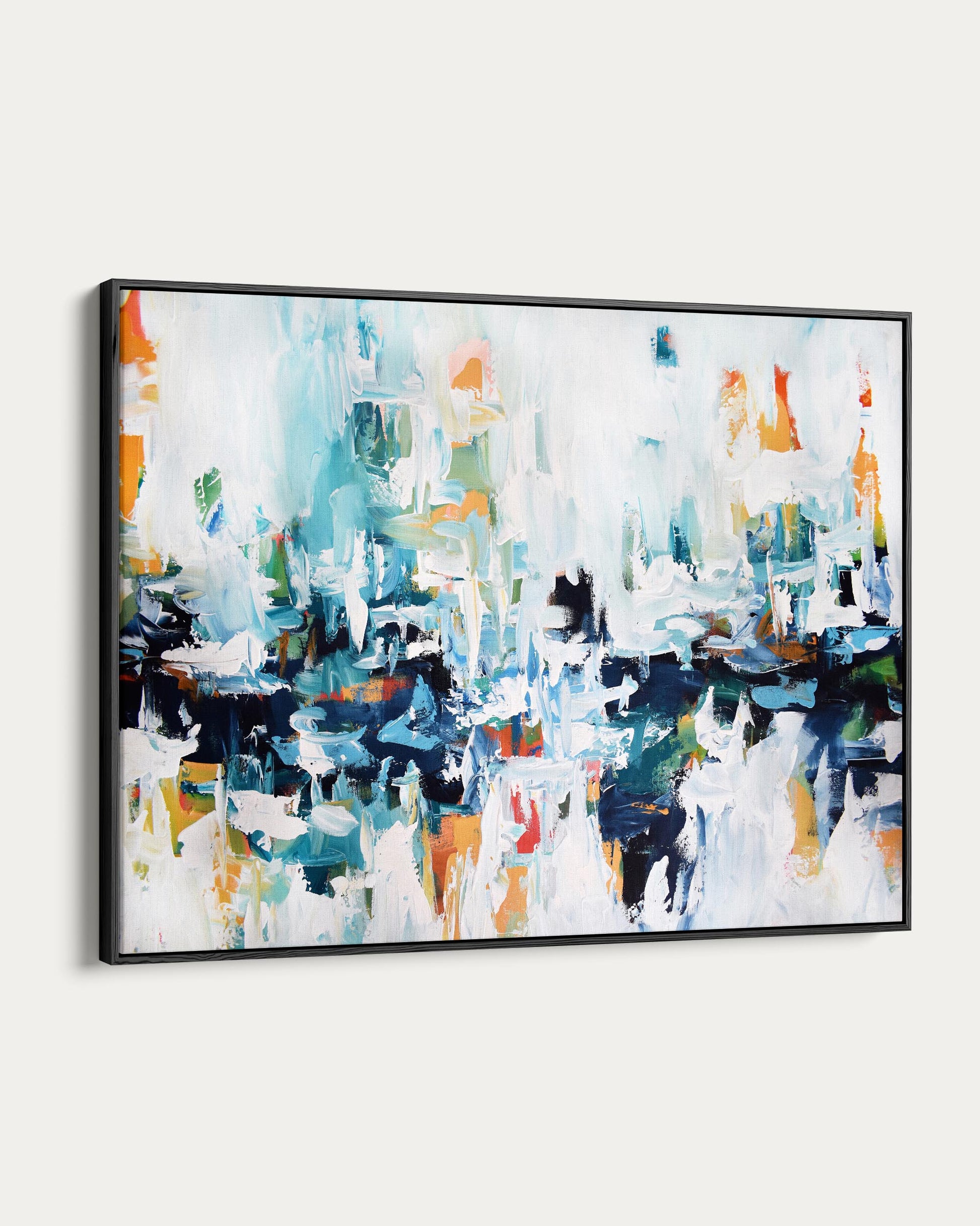 Abstract painting with multicolors in a black frame on a white background