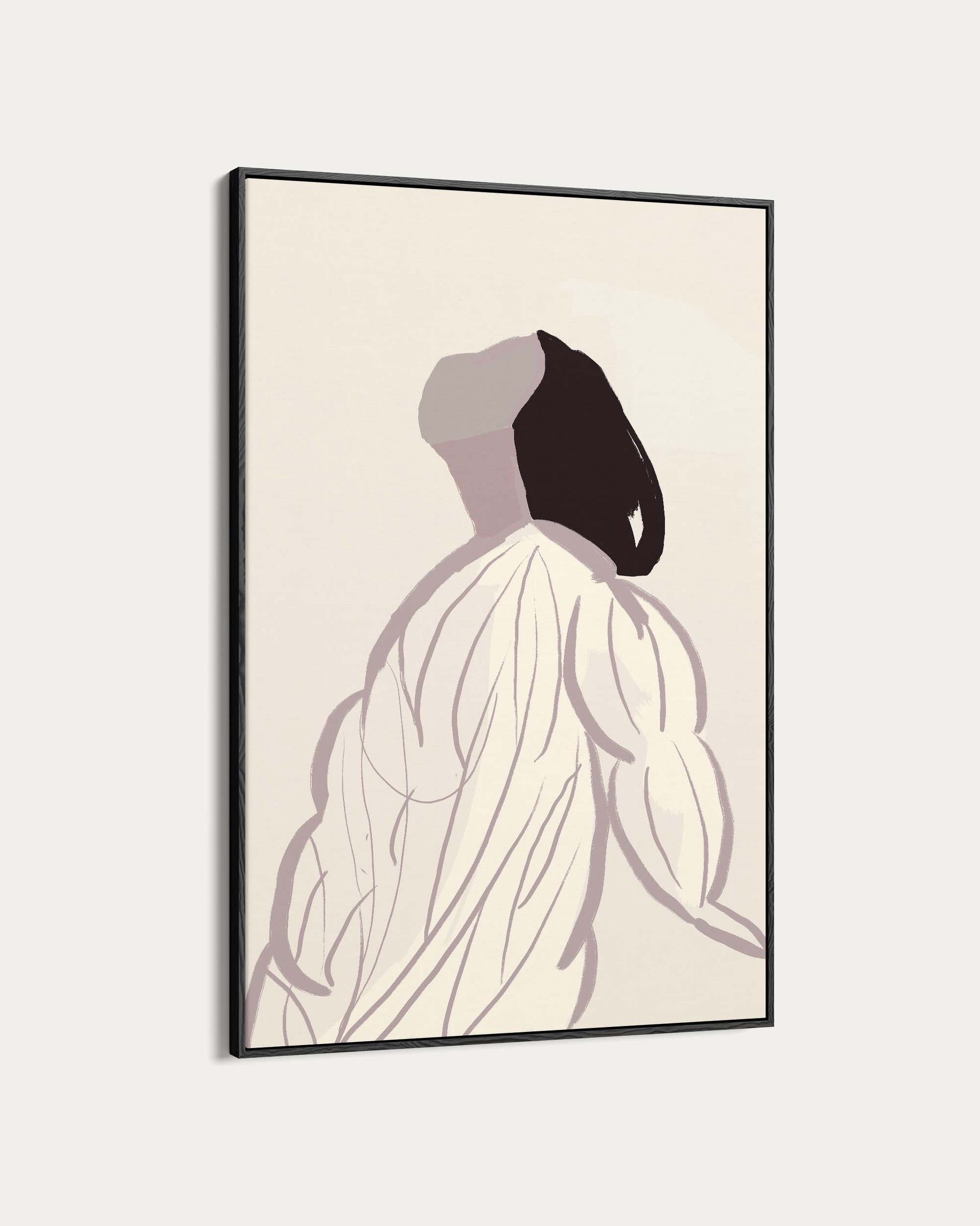 Framed artwork of a stylized silhouette of a person in a flowing garment on a beige background