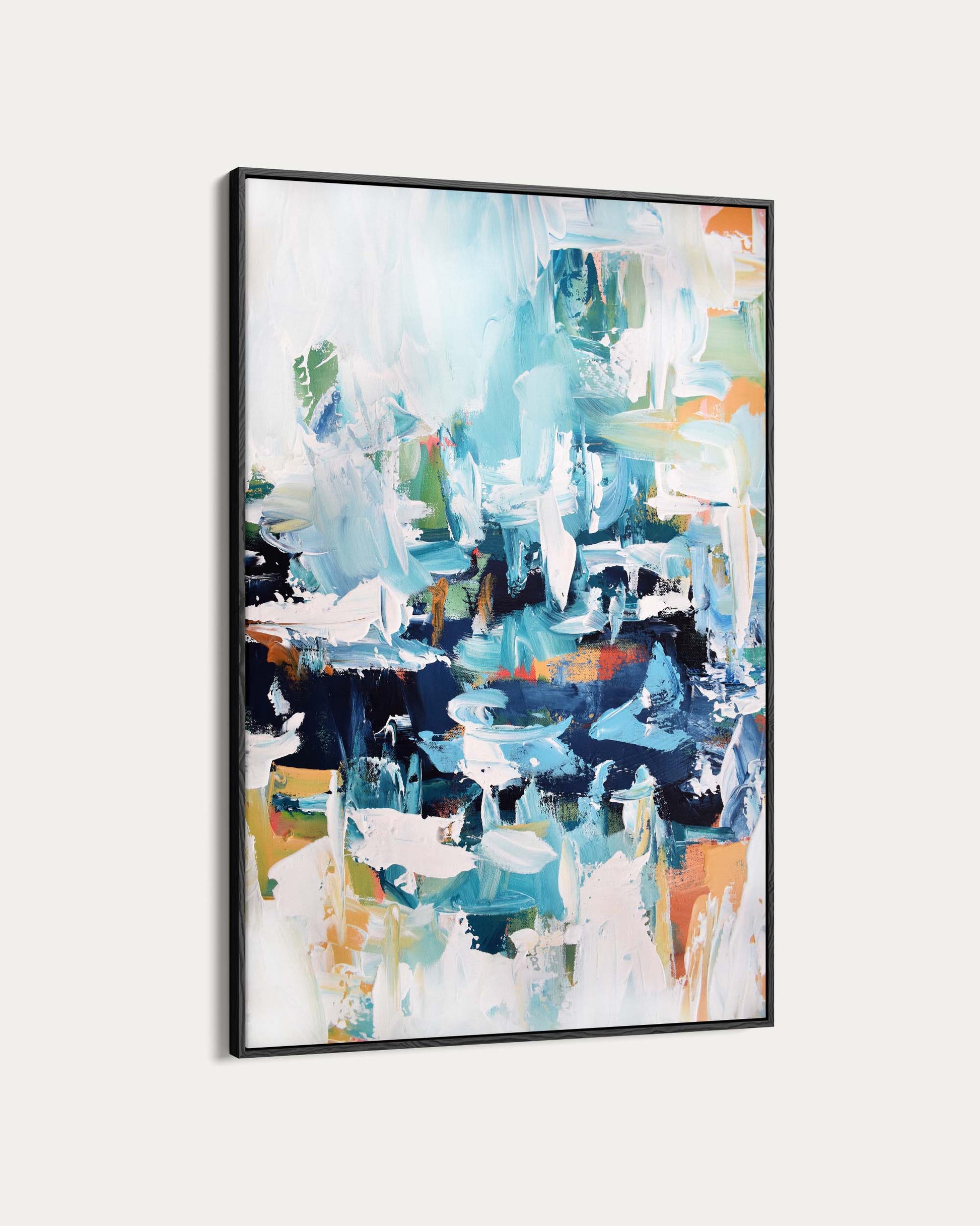 Framed abstract art with colorful brush strokes on a white background