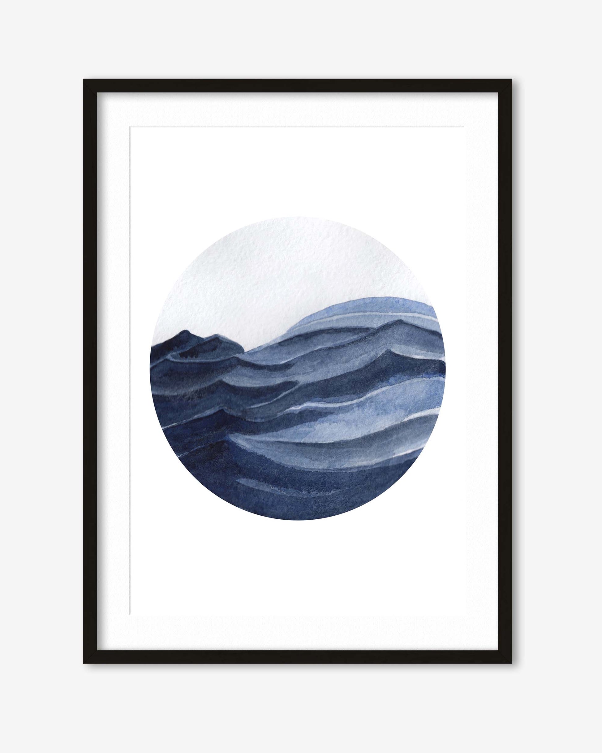 Framed artwork of a stylized blue wave on a white background