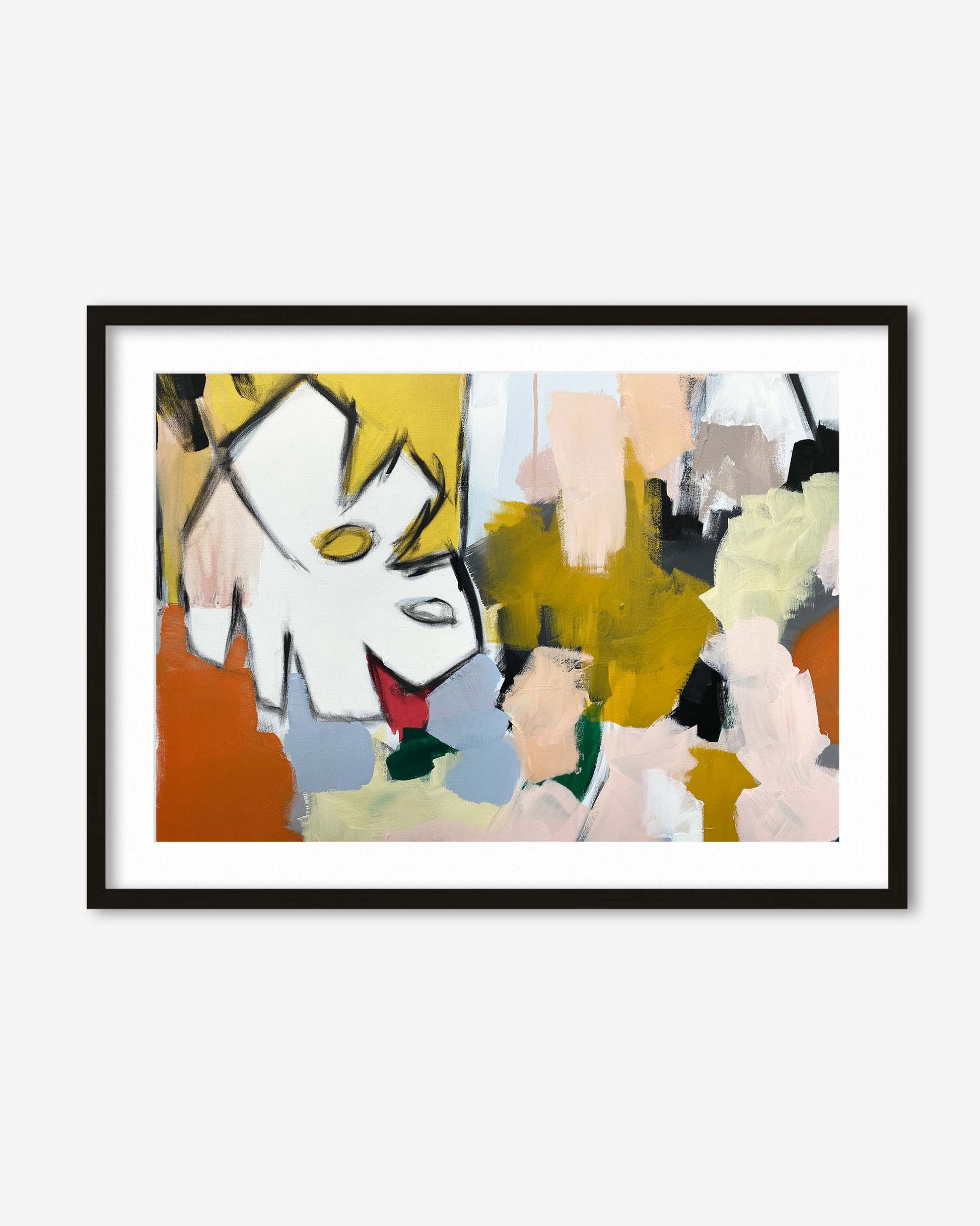 Framed abstract art with colorful brush strokes on a white wall
