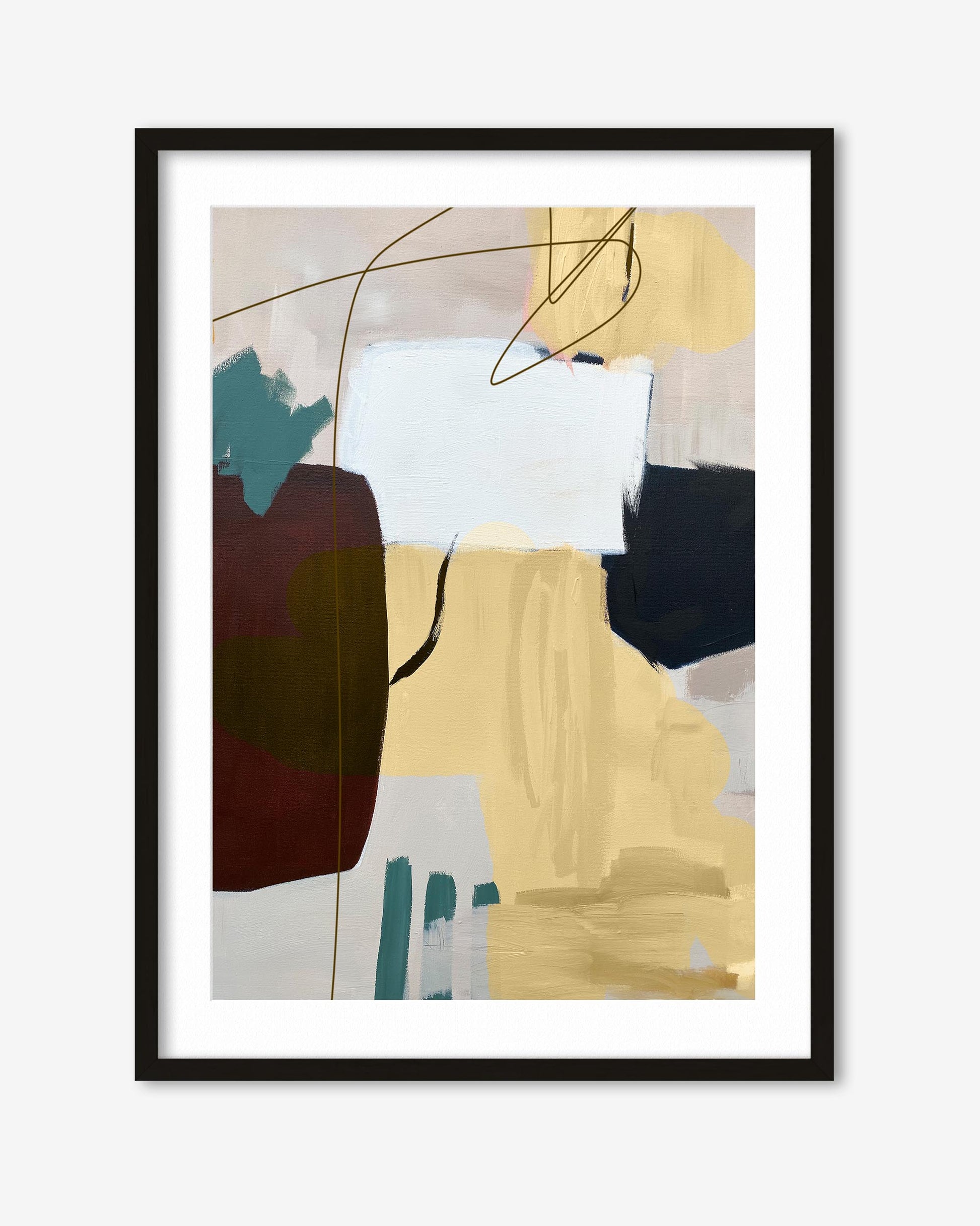 Framed abstract art print with colorful brush strokes on a white background
