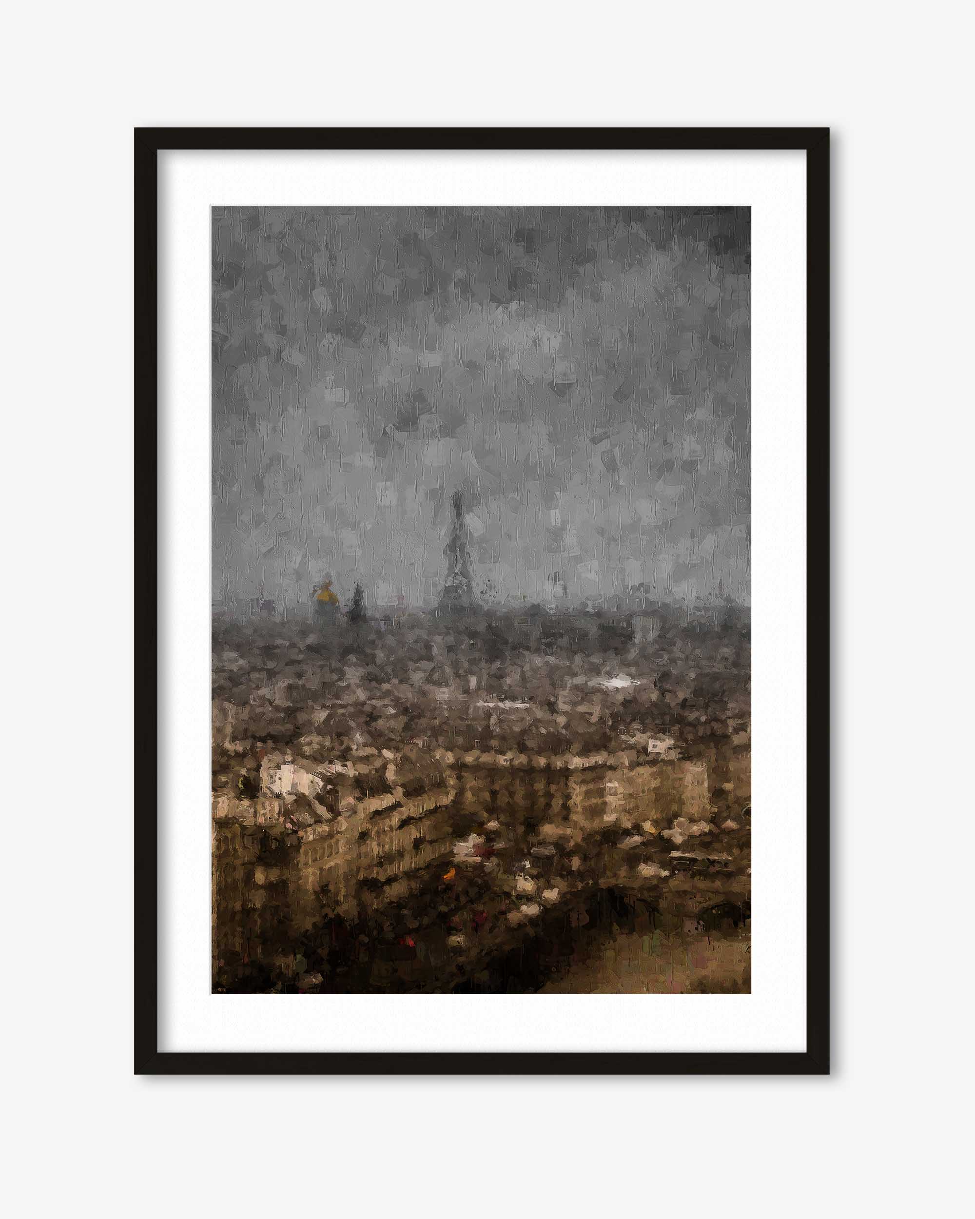 Framed artwork of a cityscape with a prominent tower, possibly the Eiffel Tower, on a white background.