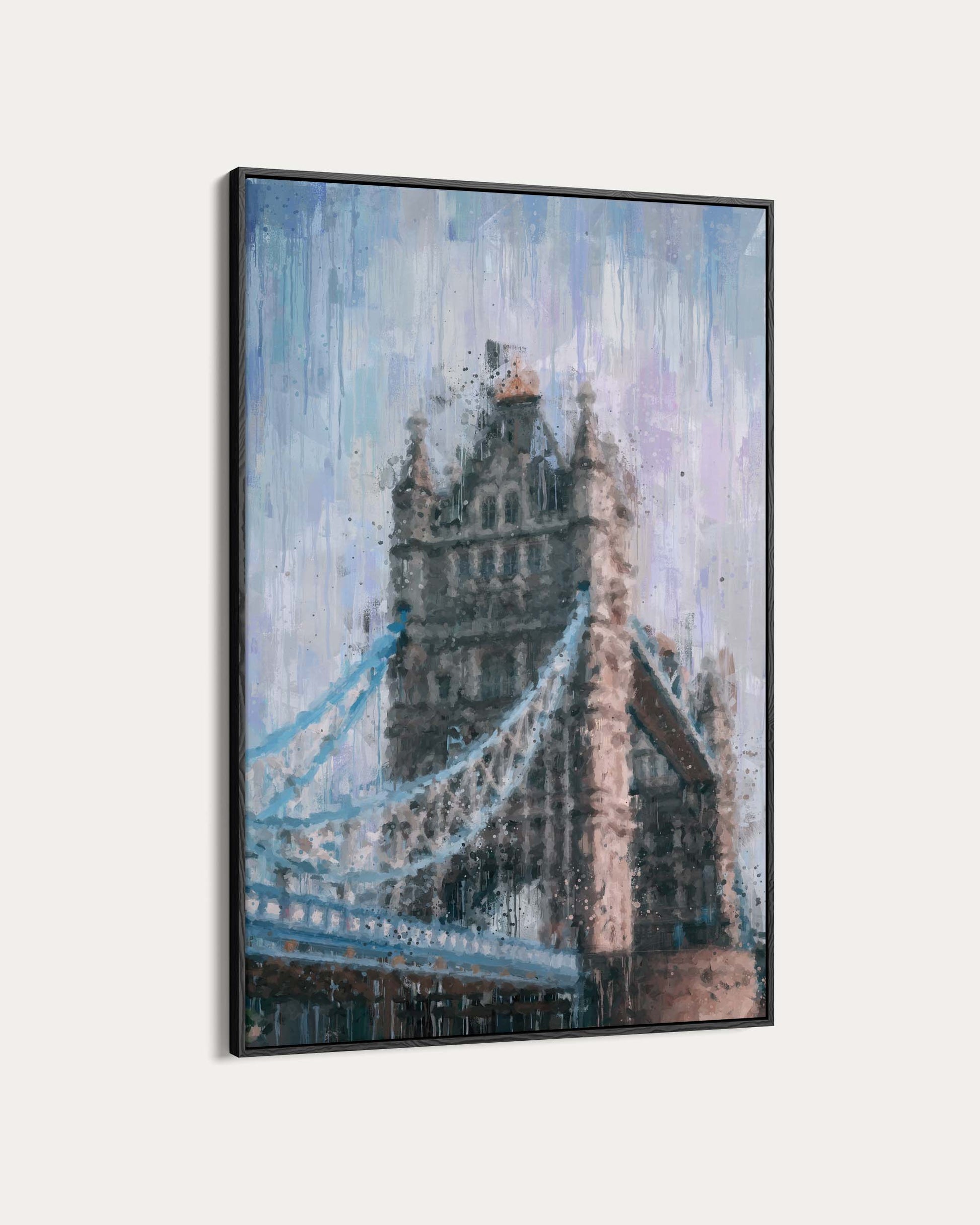 Framed artwork of Tower Bridge with a blue sky background