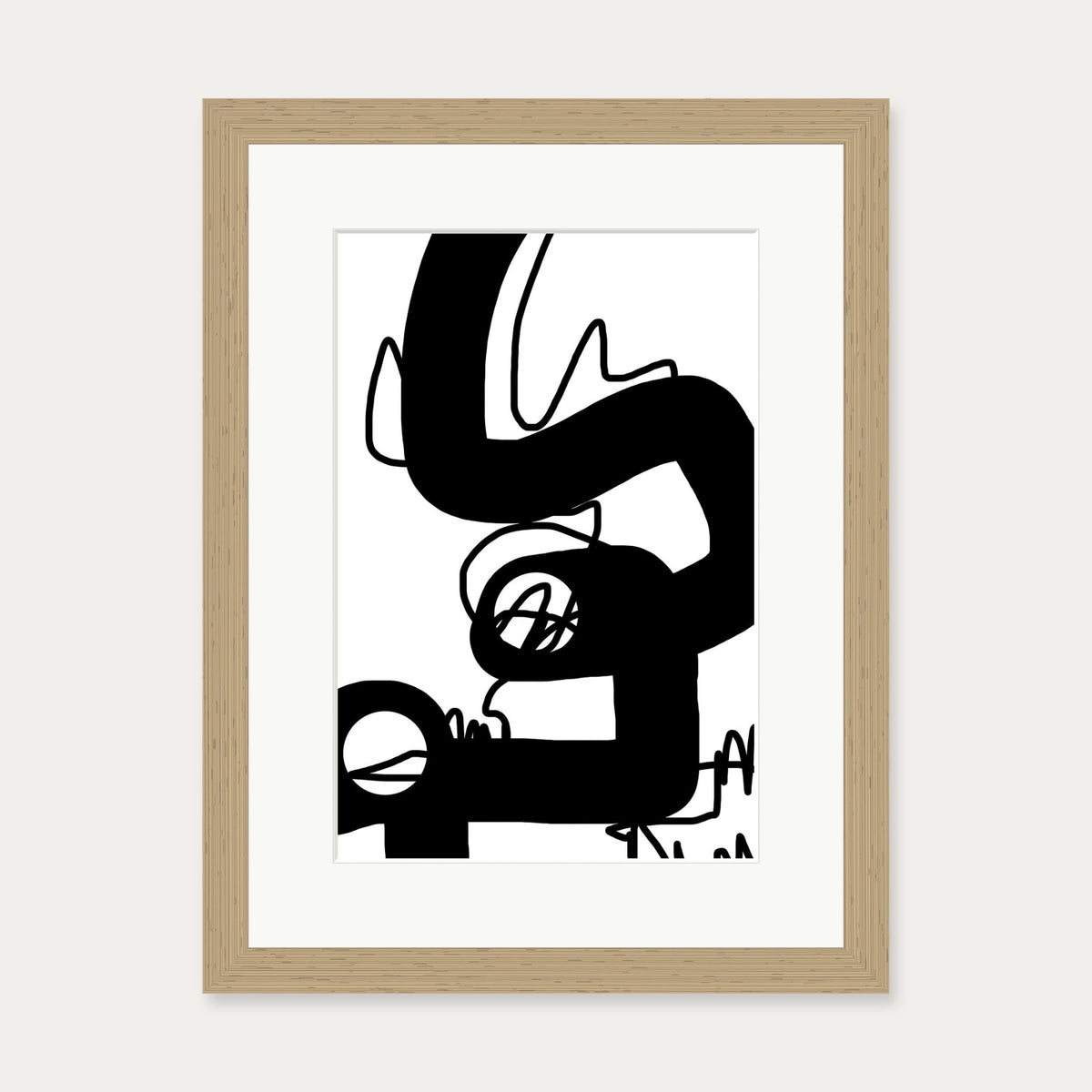Black Graffiti Abstract Art Print — 30 x 40 cm — Oak Frame