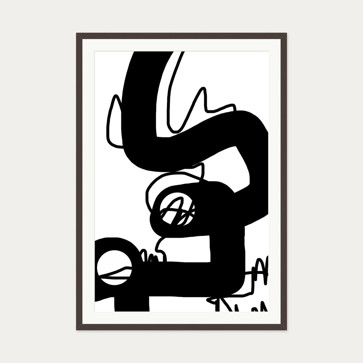 Black Graffiti Abstract Art Print — 70 x 100 cm — Brown Frame