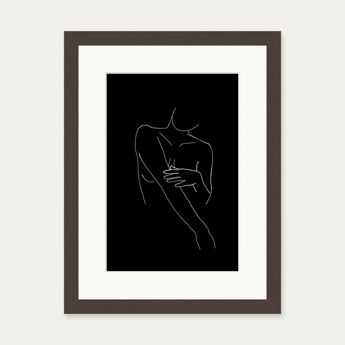 Black On White Female Line Drawing Art Print — 30 x 40 cm — Brown Frame