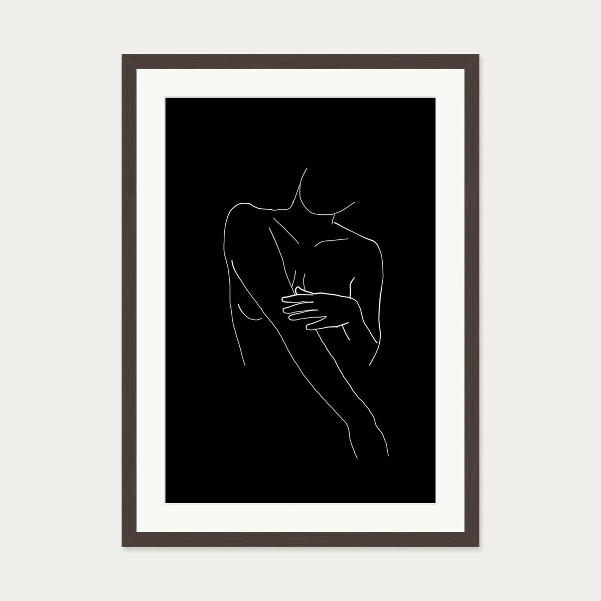 Black On White Female Line Drawing Art Print — 50 x 70 cm — Brown Frame