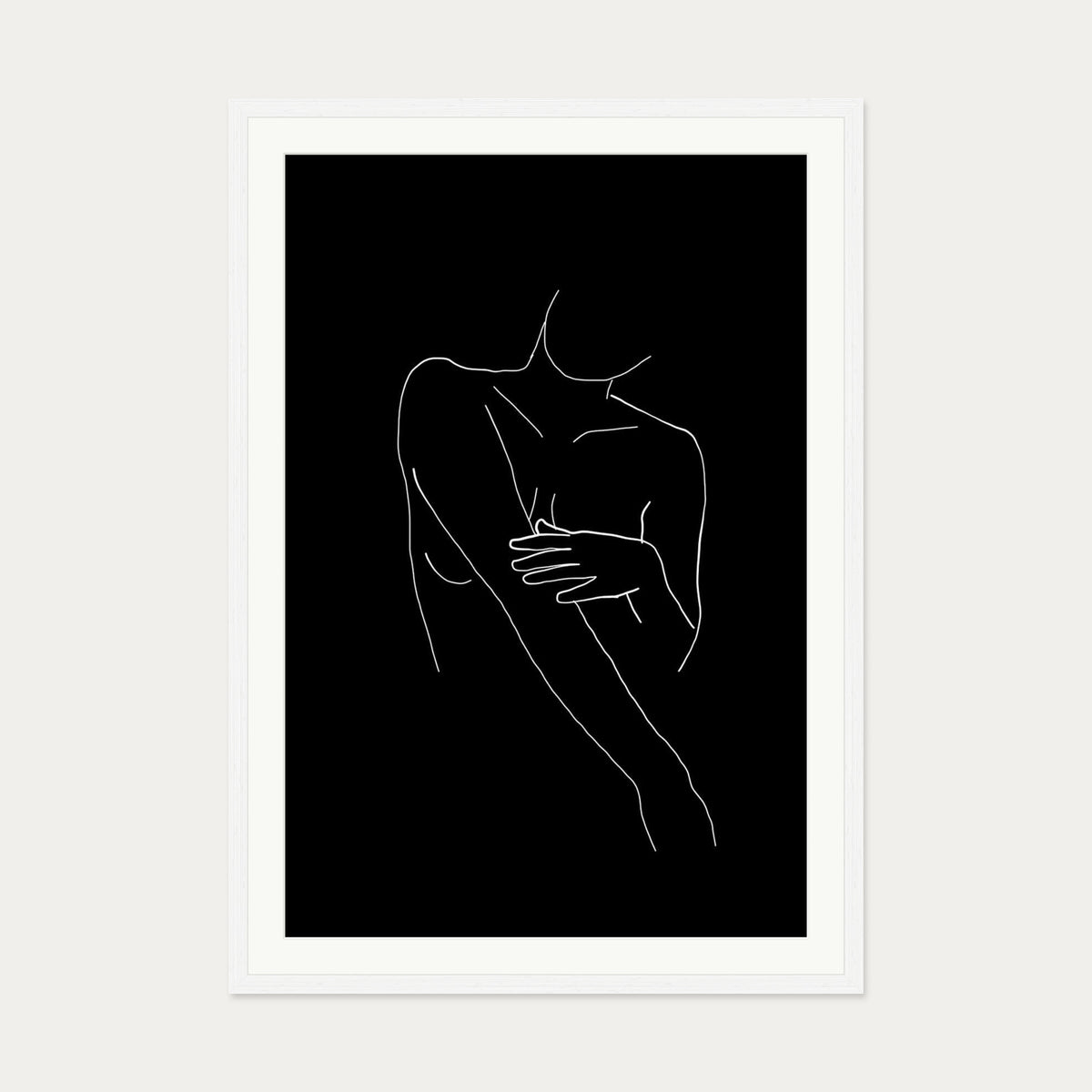 Black On White Female Line Drawing Art Print — 70 x 100 cm — White Frame