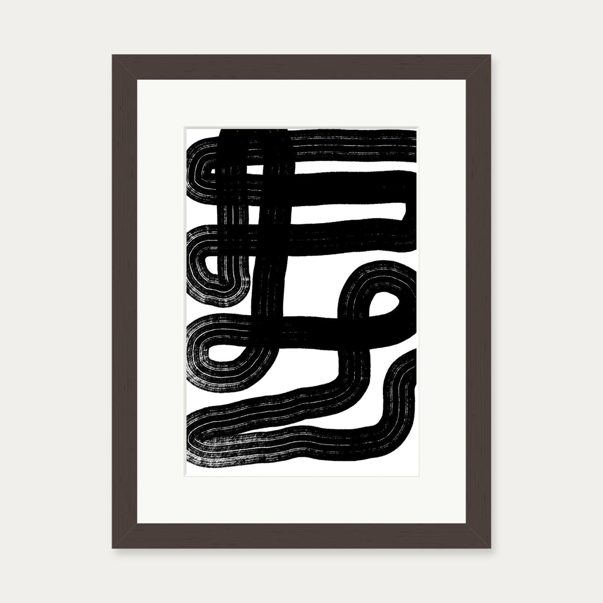 Black Snake Lines Art Print — 30 x 40 cm — Brown Frame
