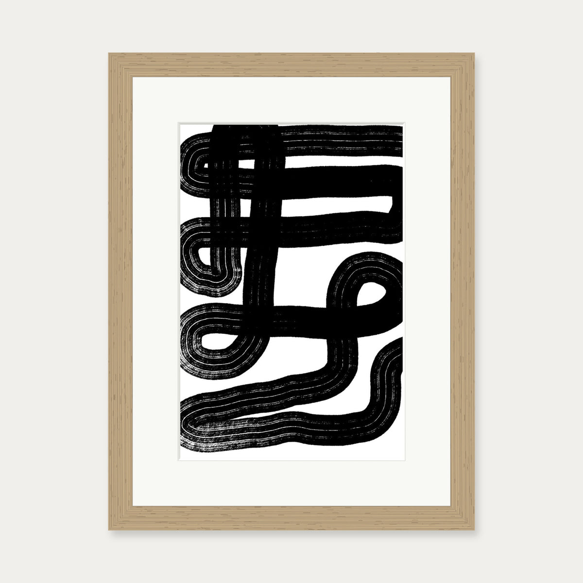 Black Snake Lines Art Print — 30 x 40 cm — Oak Frame
