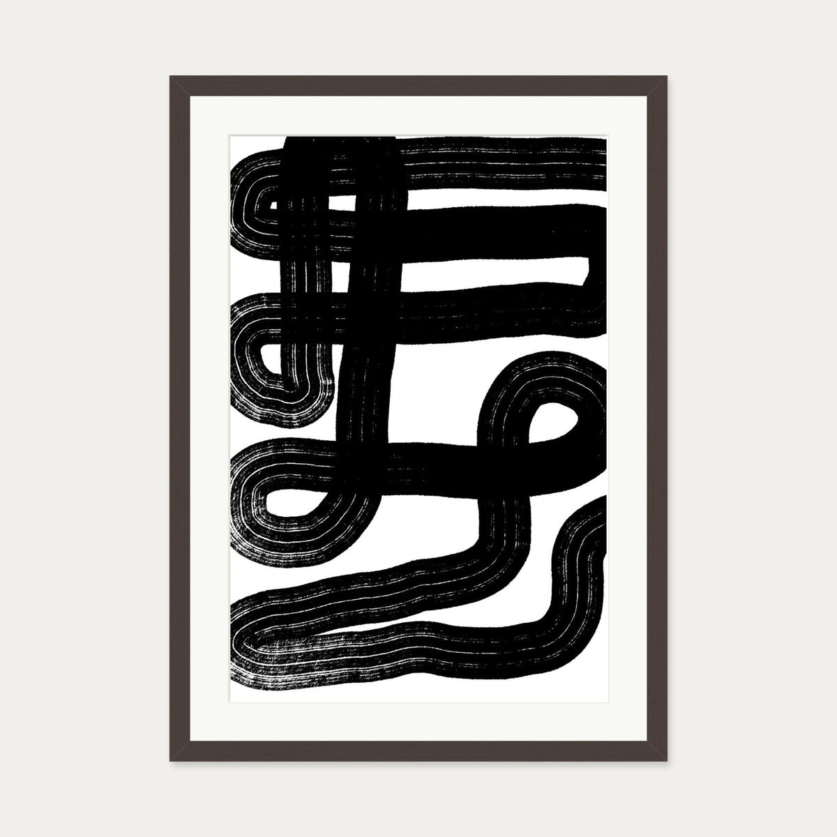 Black Snake Lines Art Print — 50 x 70 cm — Brown Frame