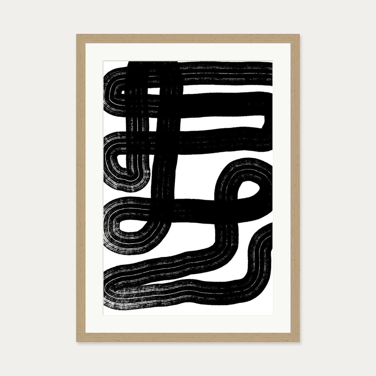 Black Snake Lines Art Print — 50 x 70 cm — Oak Frame