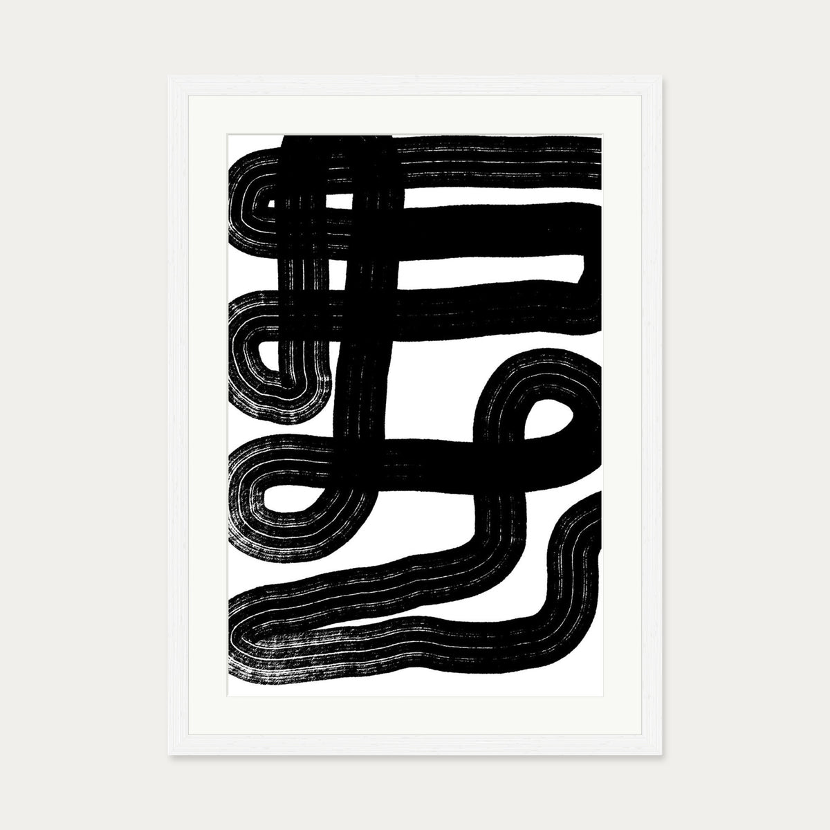 Black Snake Lines Art Print — 50 x 70 cm — White Frame
