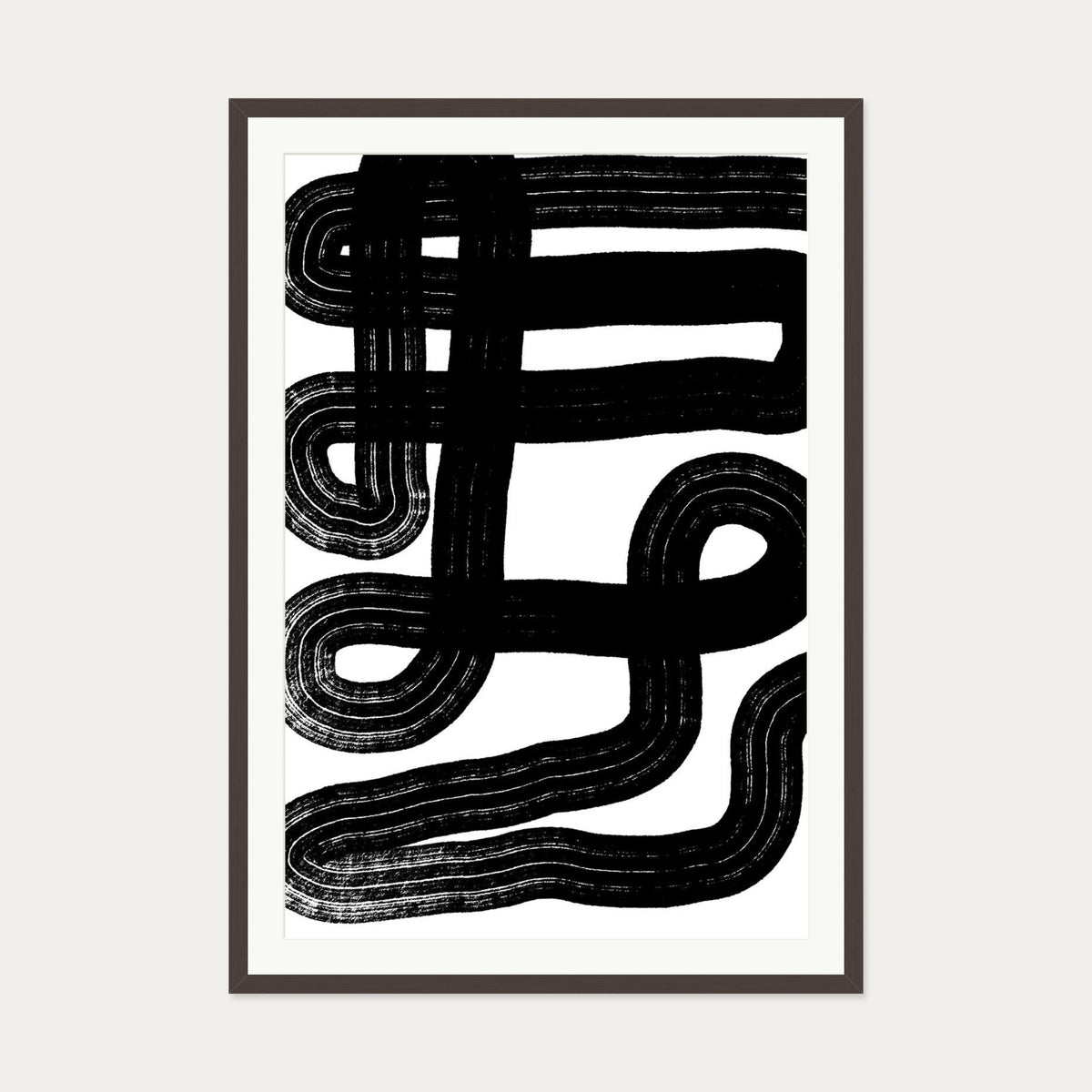 Black Snake Lines Art Print — 70 x 100 cm — Brown Frame