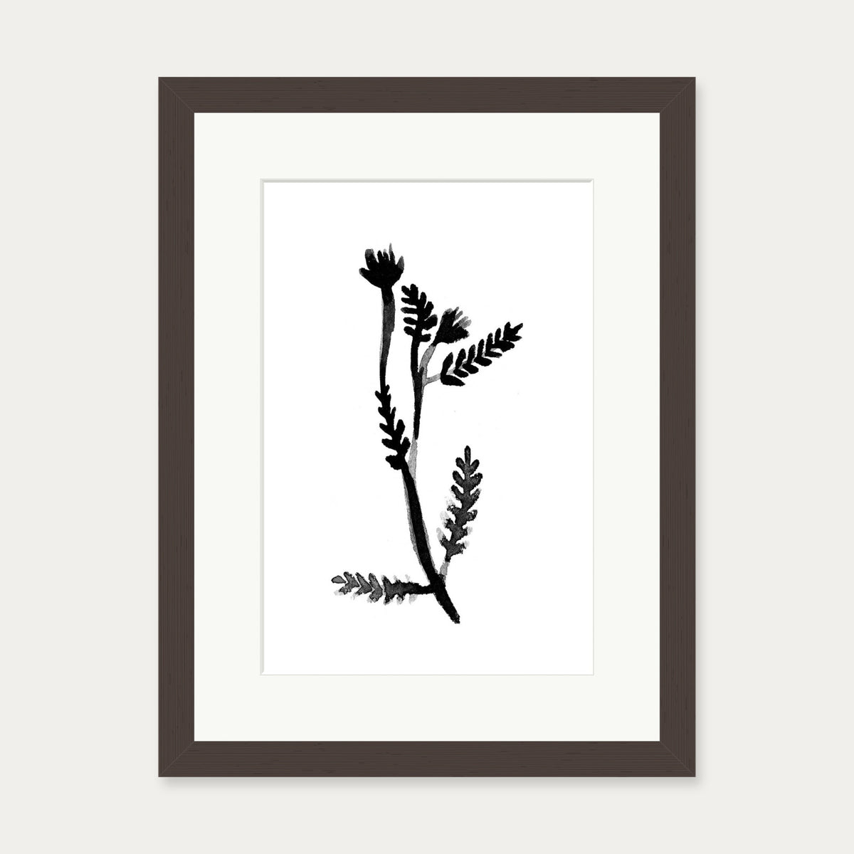 Black & White Botanical Watercolour Art Print — 30 x 40 cm — Brown Frame