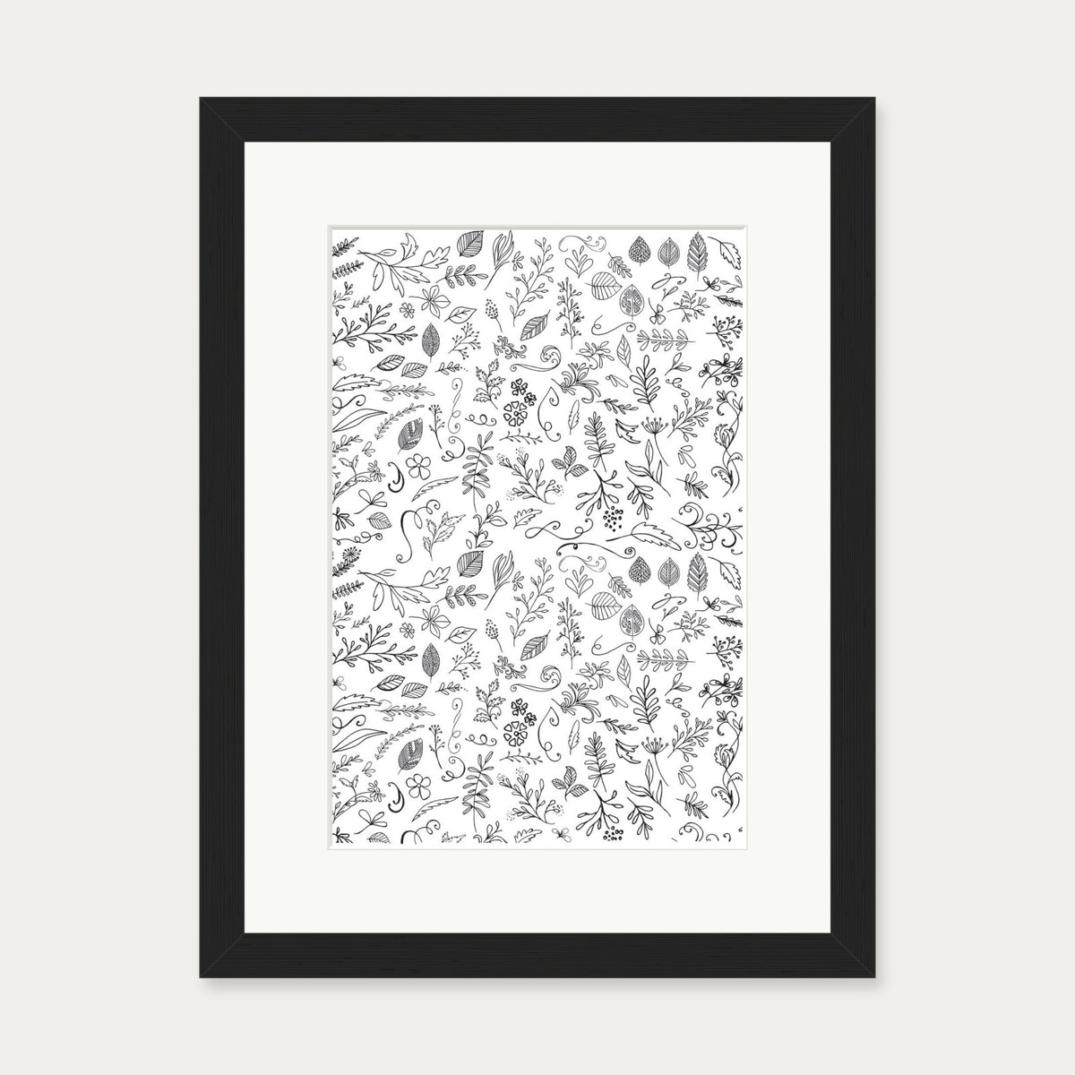 Black & White Flowers Pattern Art Print — 30 x 40 cm — Black Frame