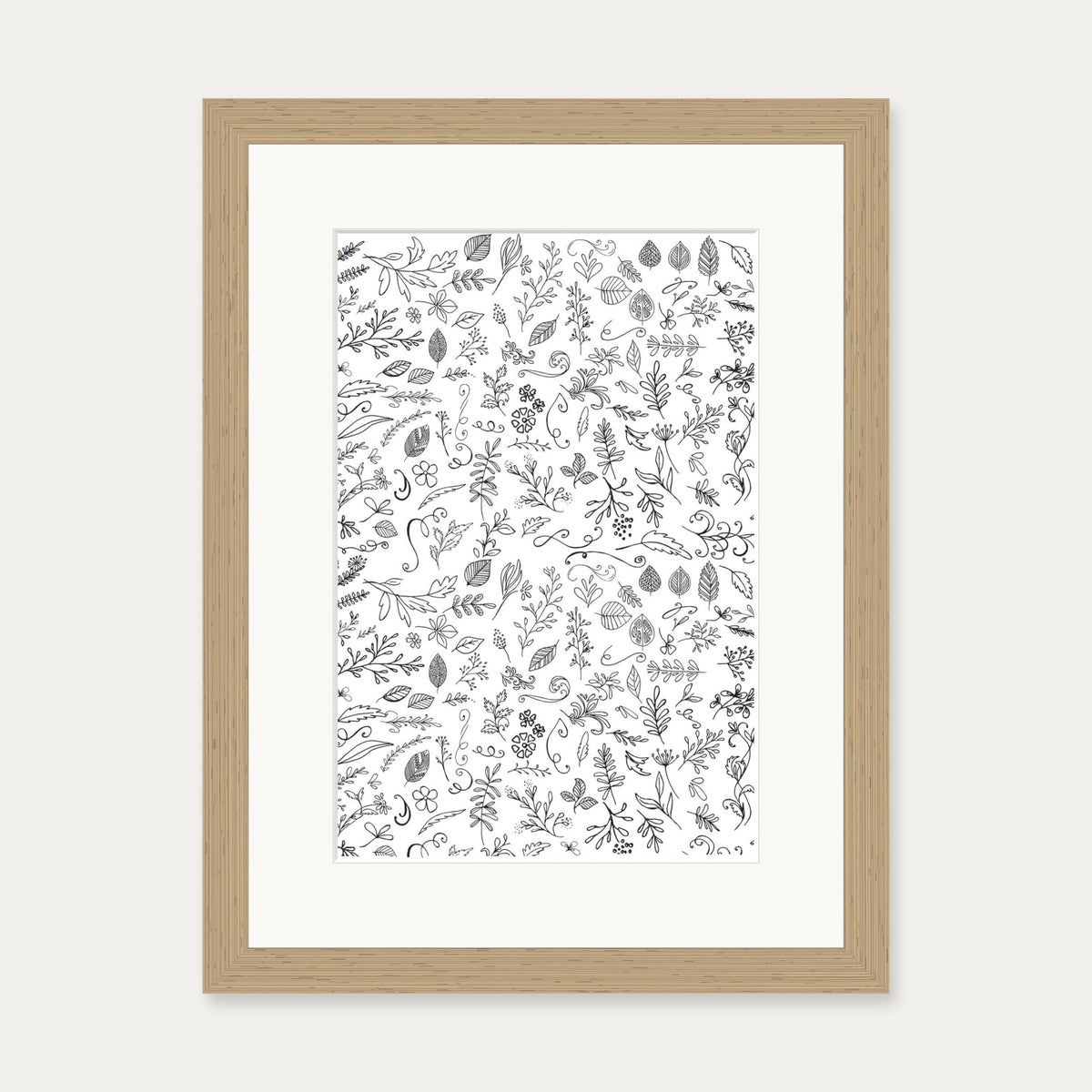 Black & White Flowers Pattern Art Print — 30 x 40 cm — Oak Frame