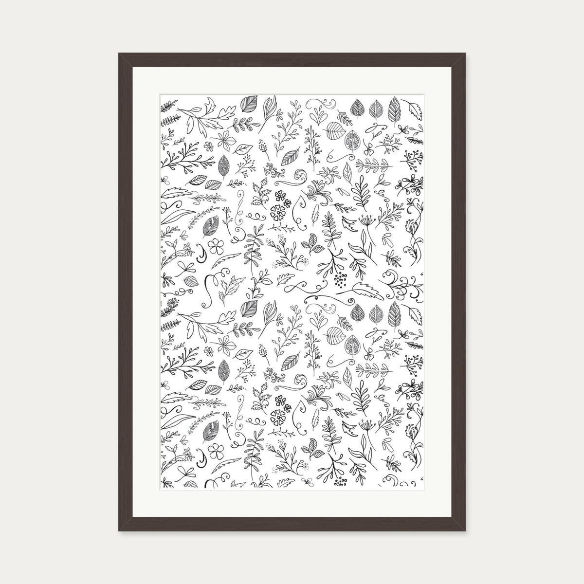 Black & White Flowers Pattern Art Print — 50 x 70 cm — Brown Frame