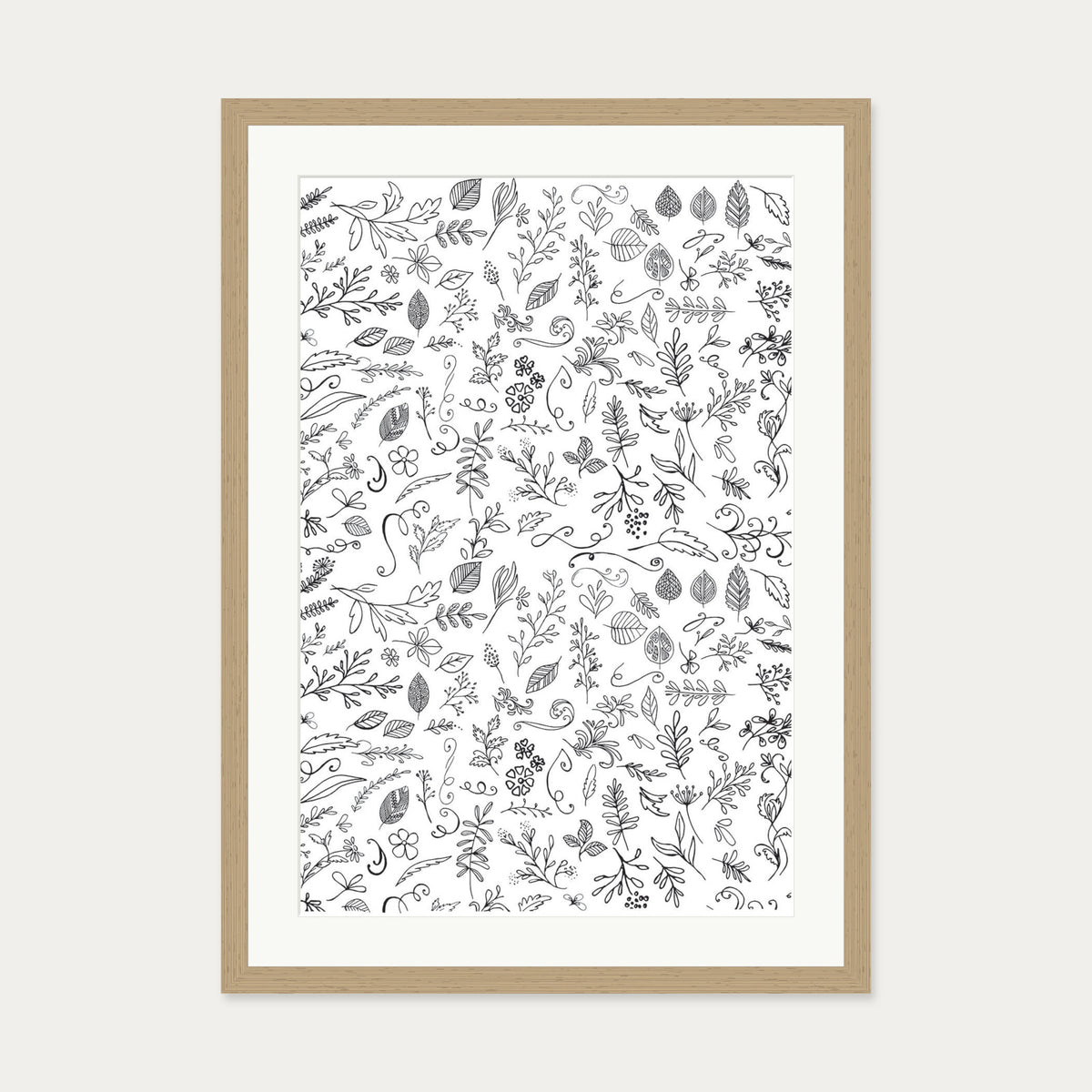 Black & White Flowers Pattern Art Print — 50 x 70 cm — Oak Frame