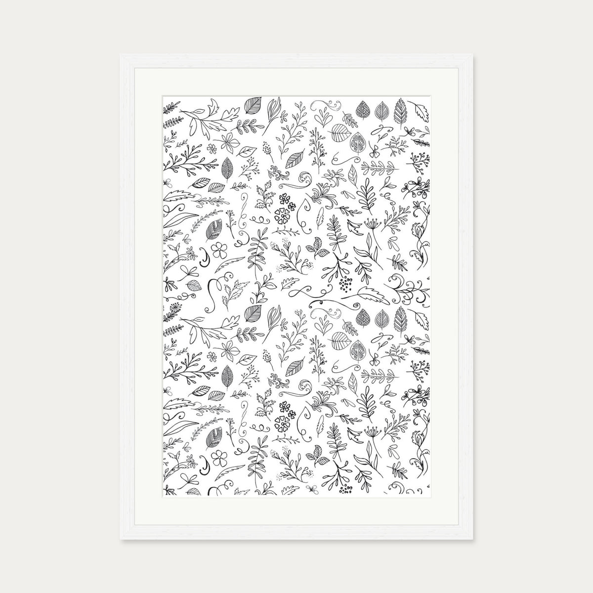 Black & White Flowers Pattern Art Print — 50 x 70 cm — White Frame