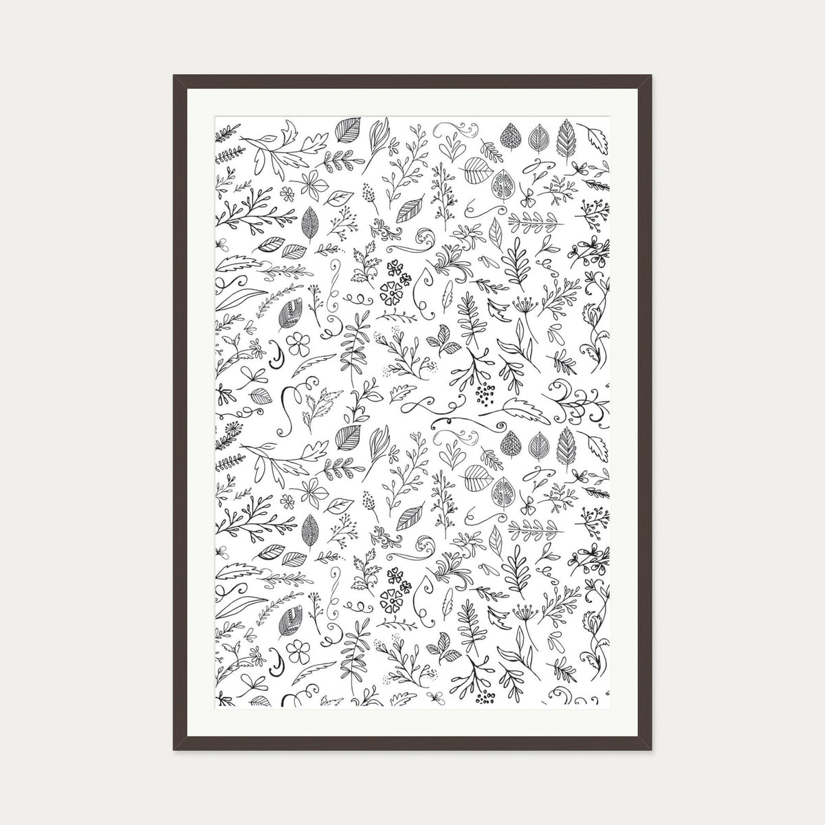 Black & White Flowers Pattern Art Print — 70 x 100 cm — Brown Frame