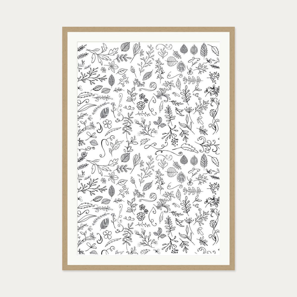Black & White Flowers Pattern Art Print — 70 x 100 cm — Oak Frame