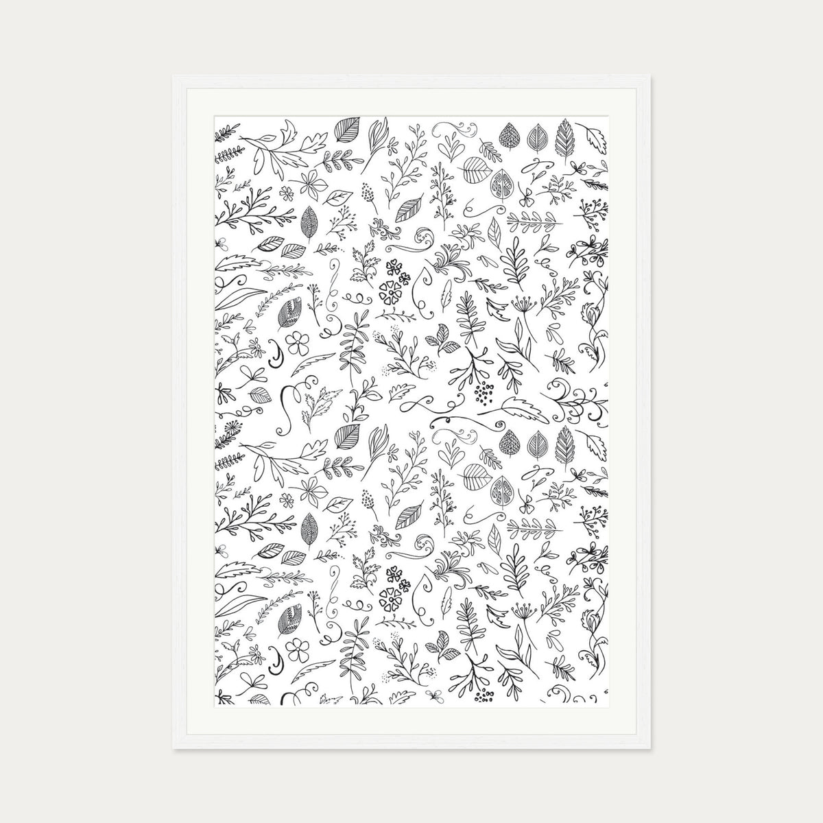 Black & White Flowers Pattern Art Print — 70 x 100 cm — White Frame
