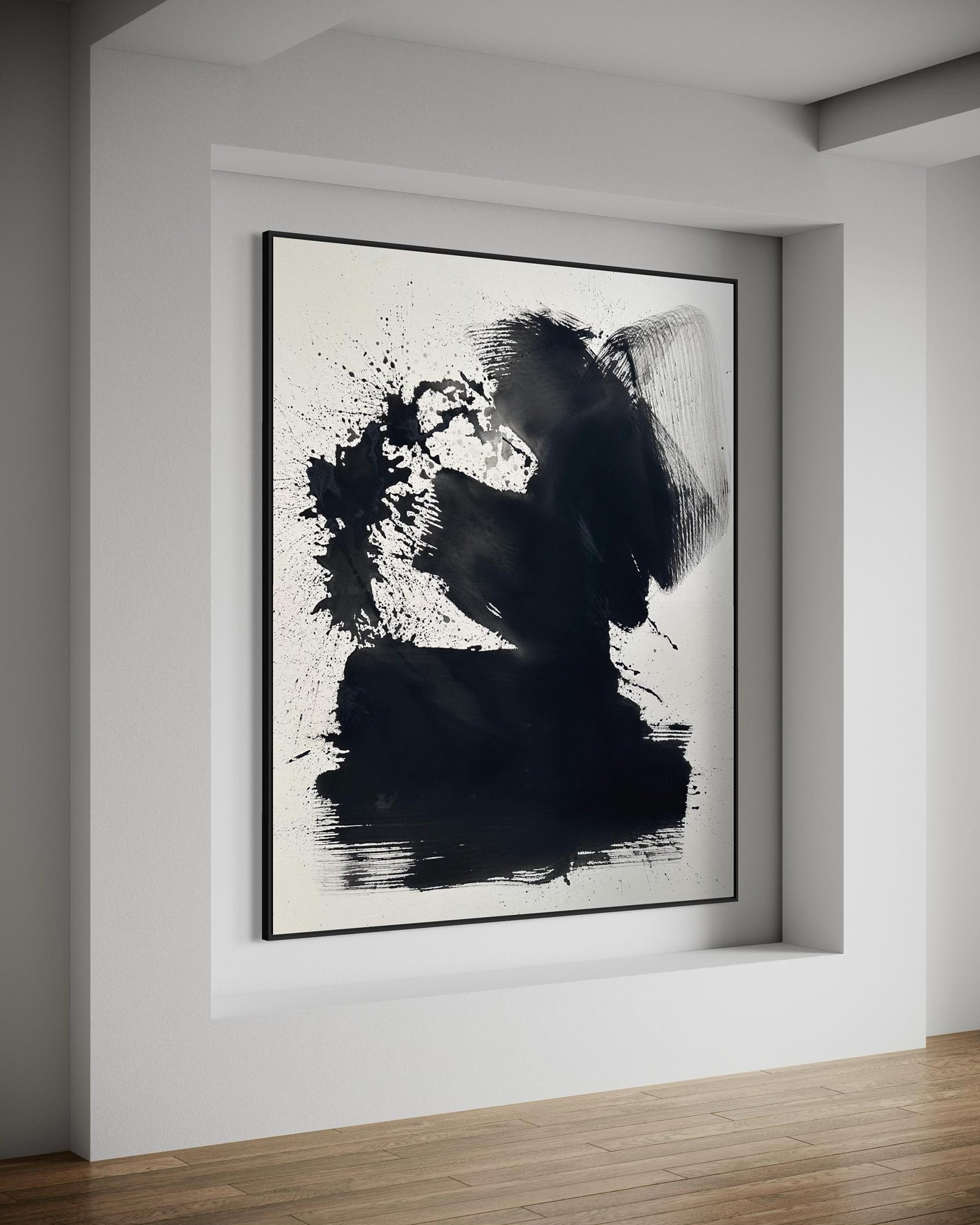 Abstract black and white painting in a modern room with wooden floor and white walls